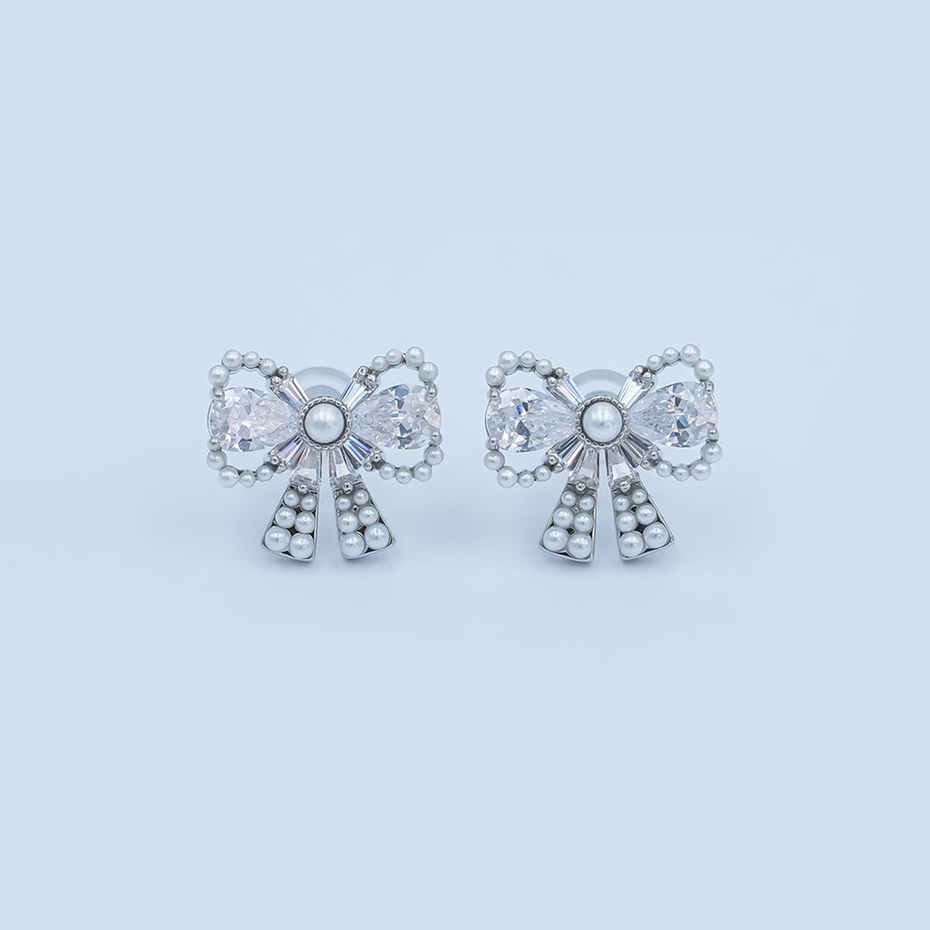 24K Gold Plated CZ Shell Pearl Ribbon Bow Stud Earrings in Gold & Silver | AB170 AB172