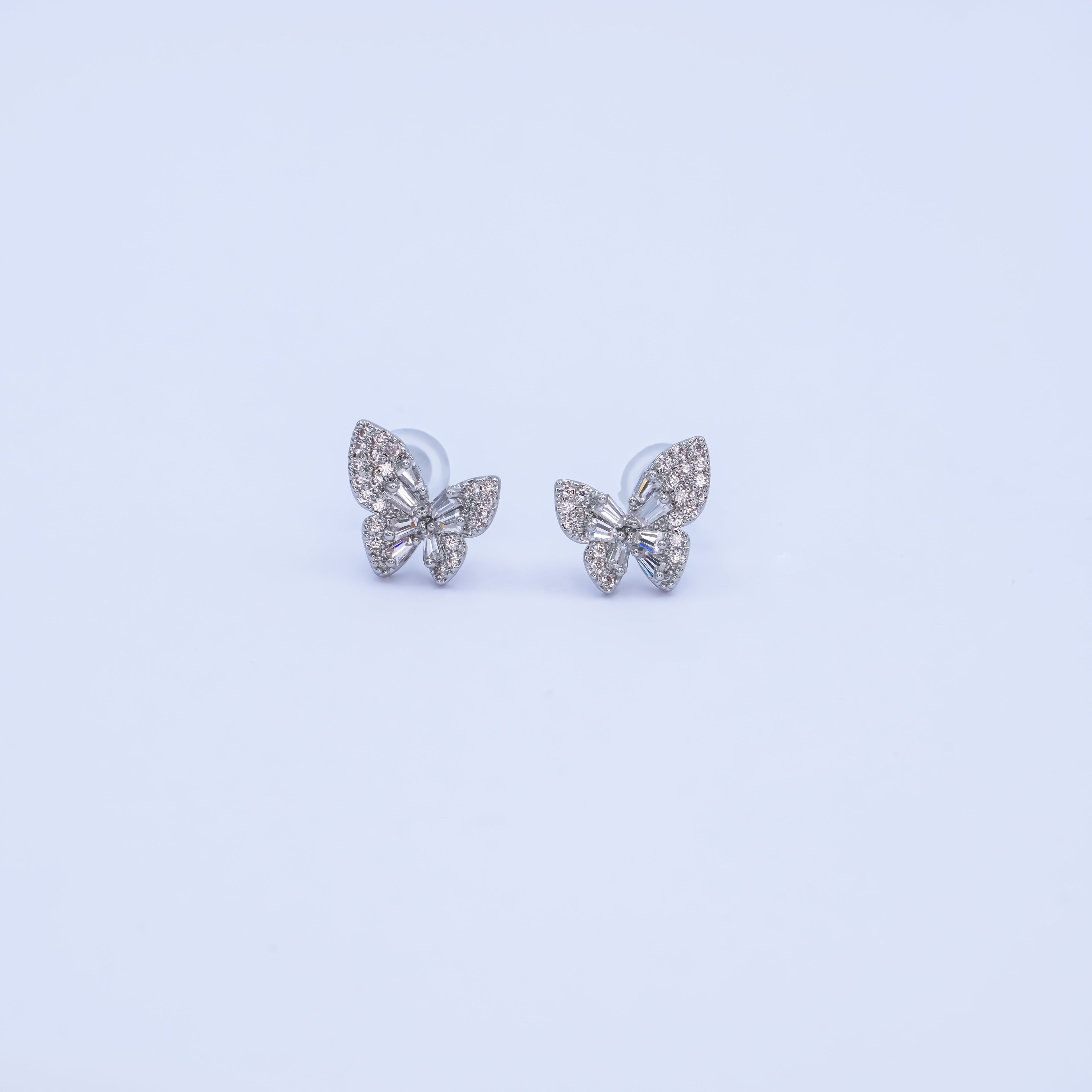 24K Gold Plated Baguette Micro Paved CZ Butterfly Stud Earrings Set in Gold & Silver | AB200 AB221