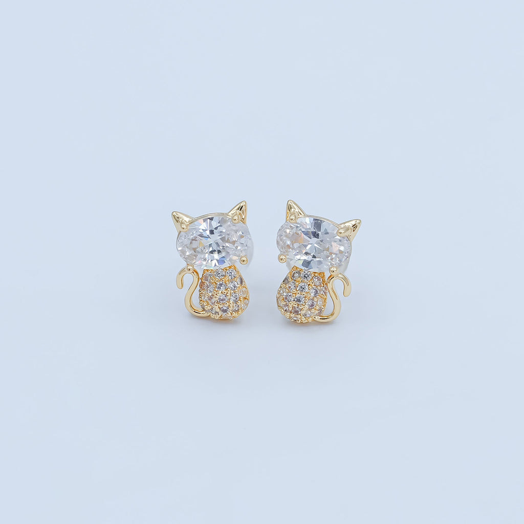 24K Gold Plated Micro Paved CZ Kitten Cat Stud Earrings Set in Gold & Silver | AB222 AB223