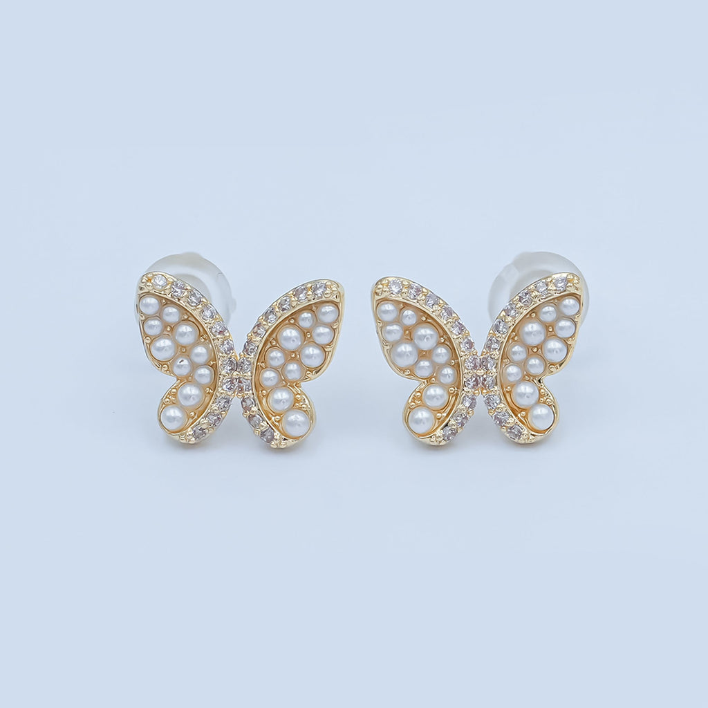 24K Gold Plated Micro Paved CZ Shell Pearl Butterfly Stud Earrings Set in Gold & Silver | AB263 AB264