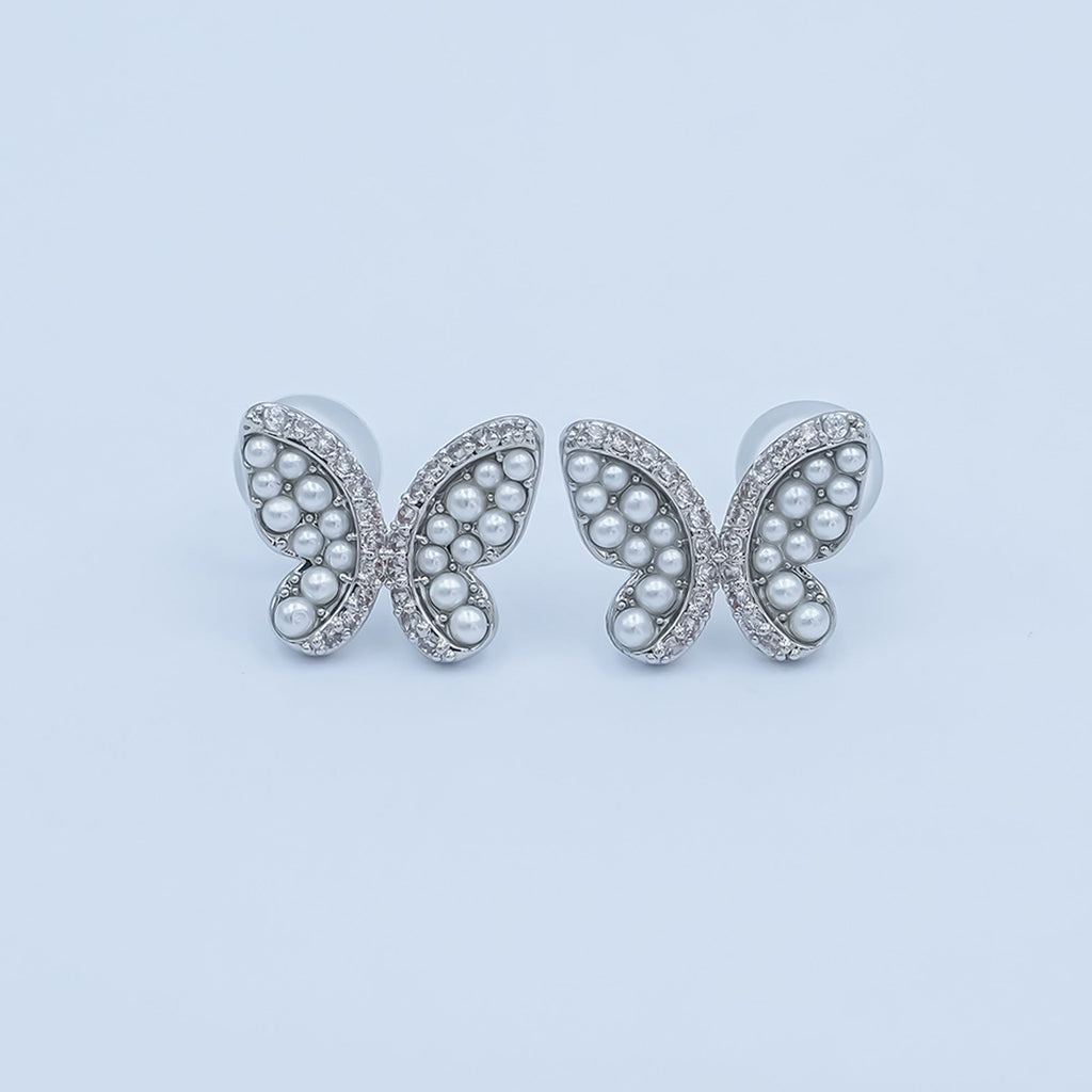 24K Gold Plated Micro Paved CZ Shell Pearl Butterfly Stud Earrings Set in Gold & Silver | AB263 AB264