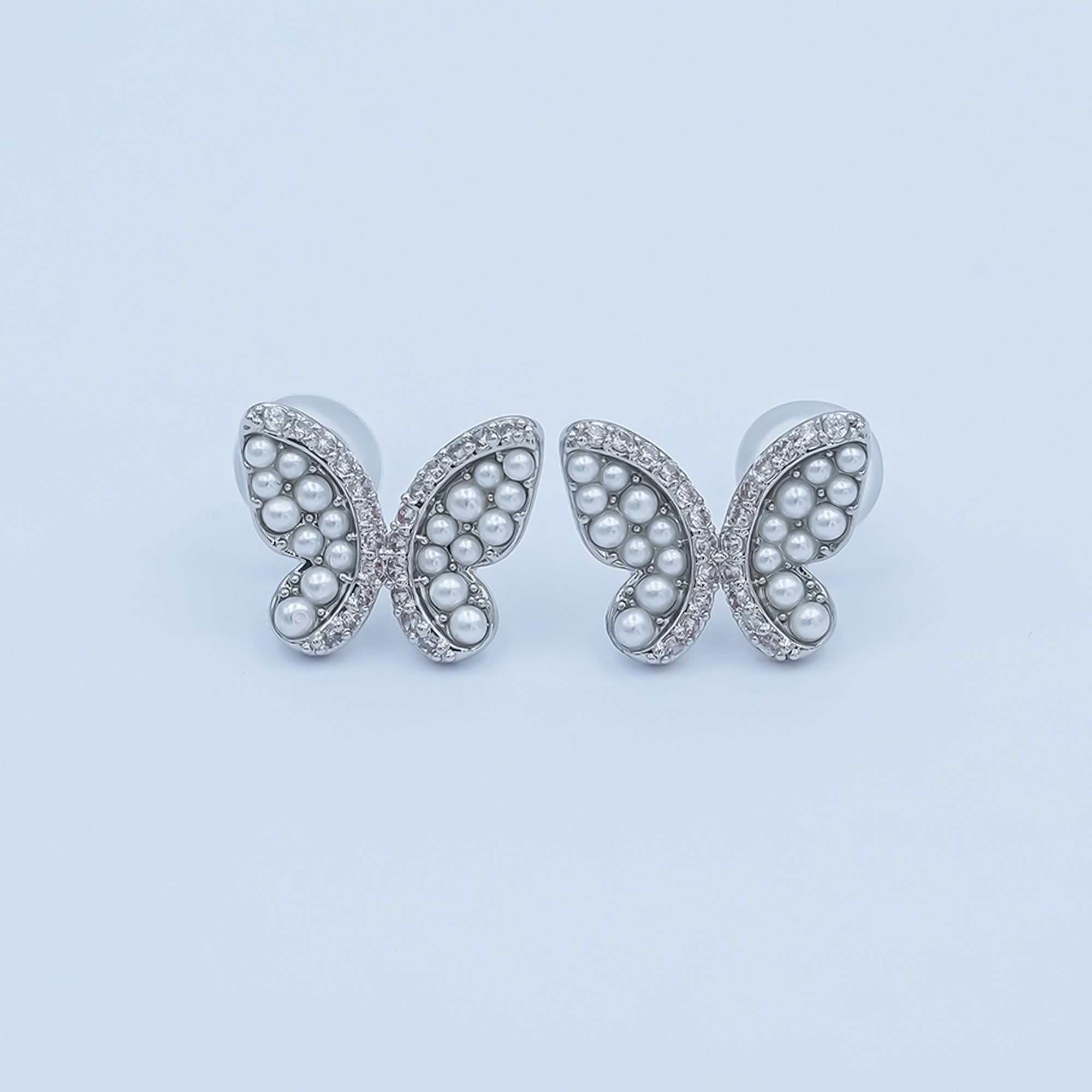 24K Gold Plated Micro Paved CZ Shell Pearl Butterfly Stud Earrings Set in Gold & Silver | AB263 AB264