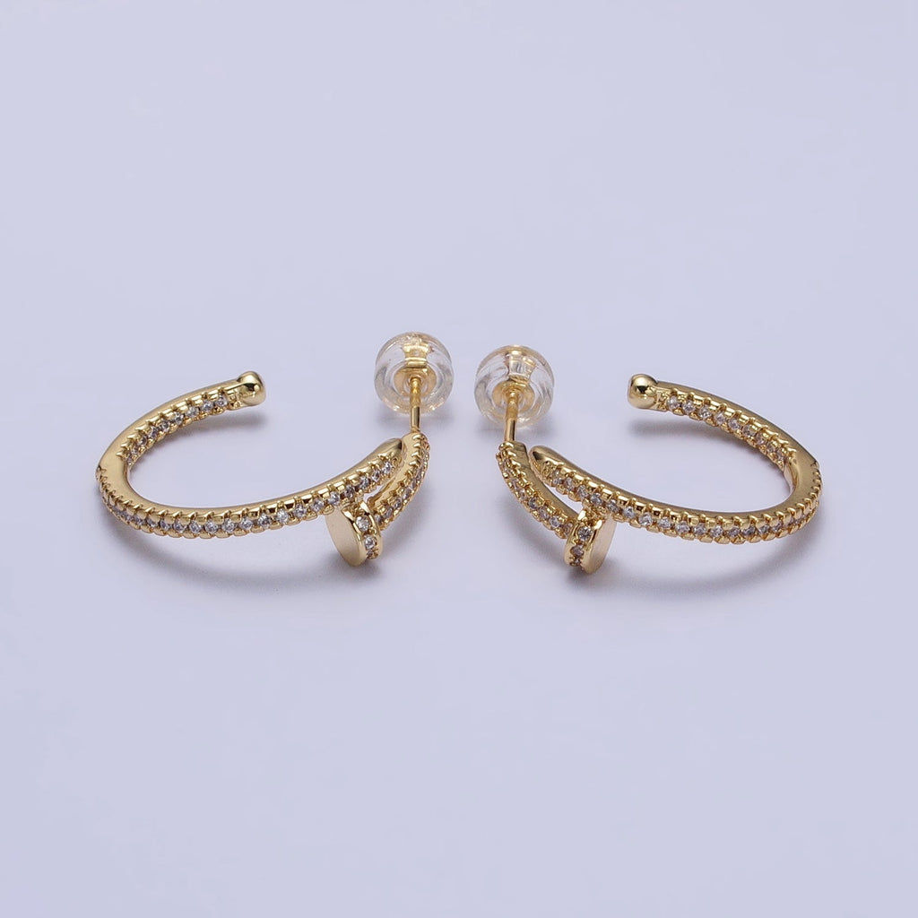 24K Gold plated 23mm Needle Micro Paved CZ Hoop Earrings in Gold & Silver | AB534 AB535