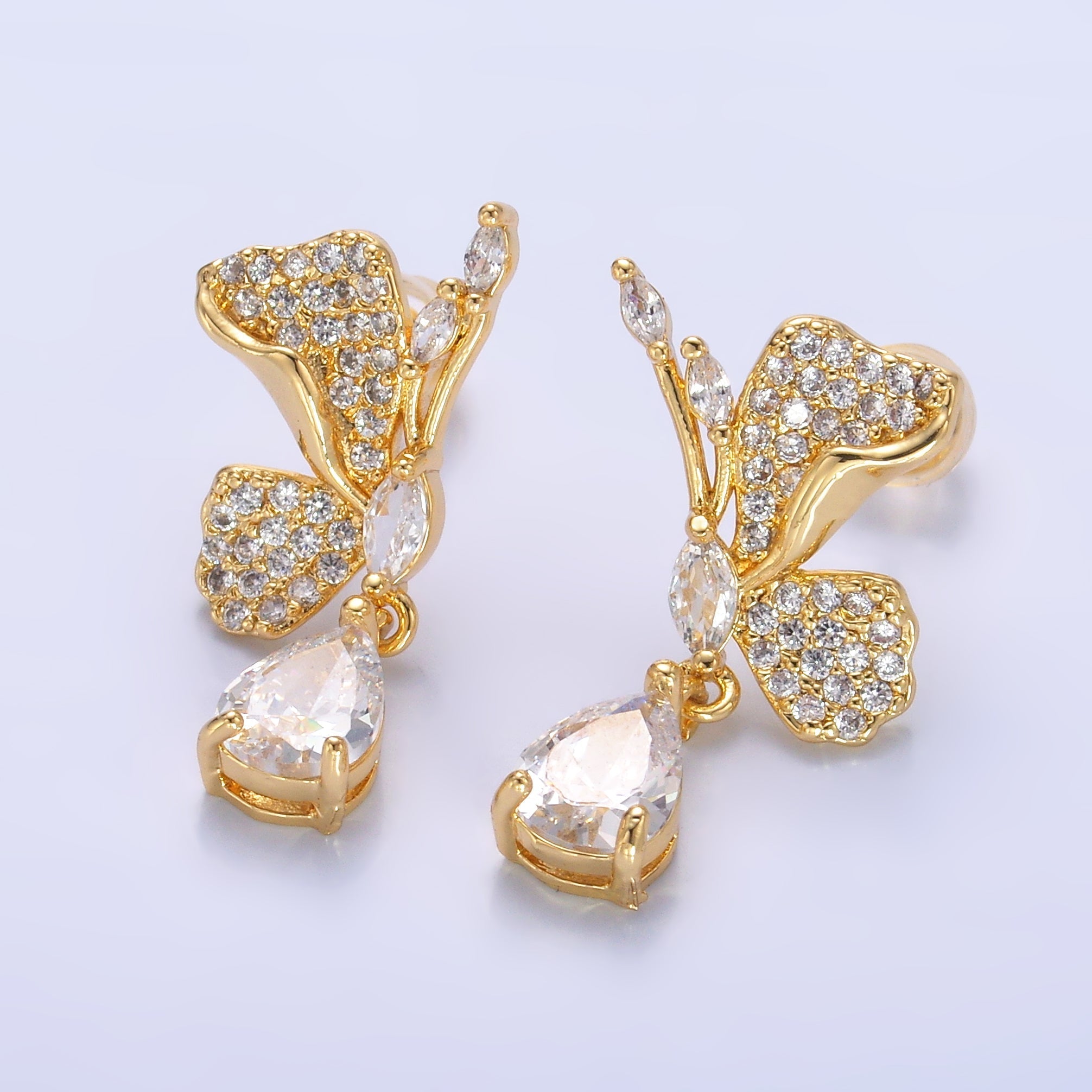 24K Gold plated Butterfly Micro Paved CZ Teardrop Drop Stud Earrings Set | AB711