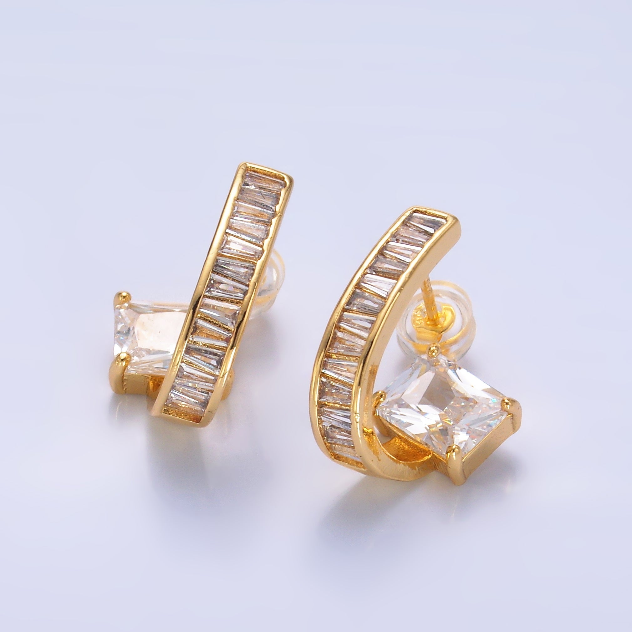 24K Gold plated Clear CZ Baguette J-Shaped Hoop Earrings | AB713