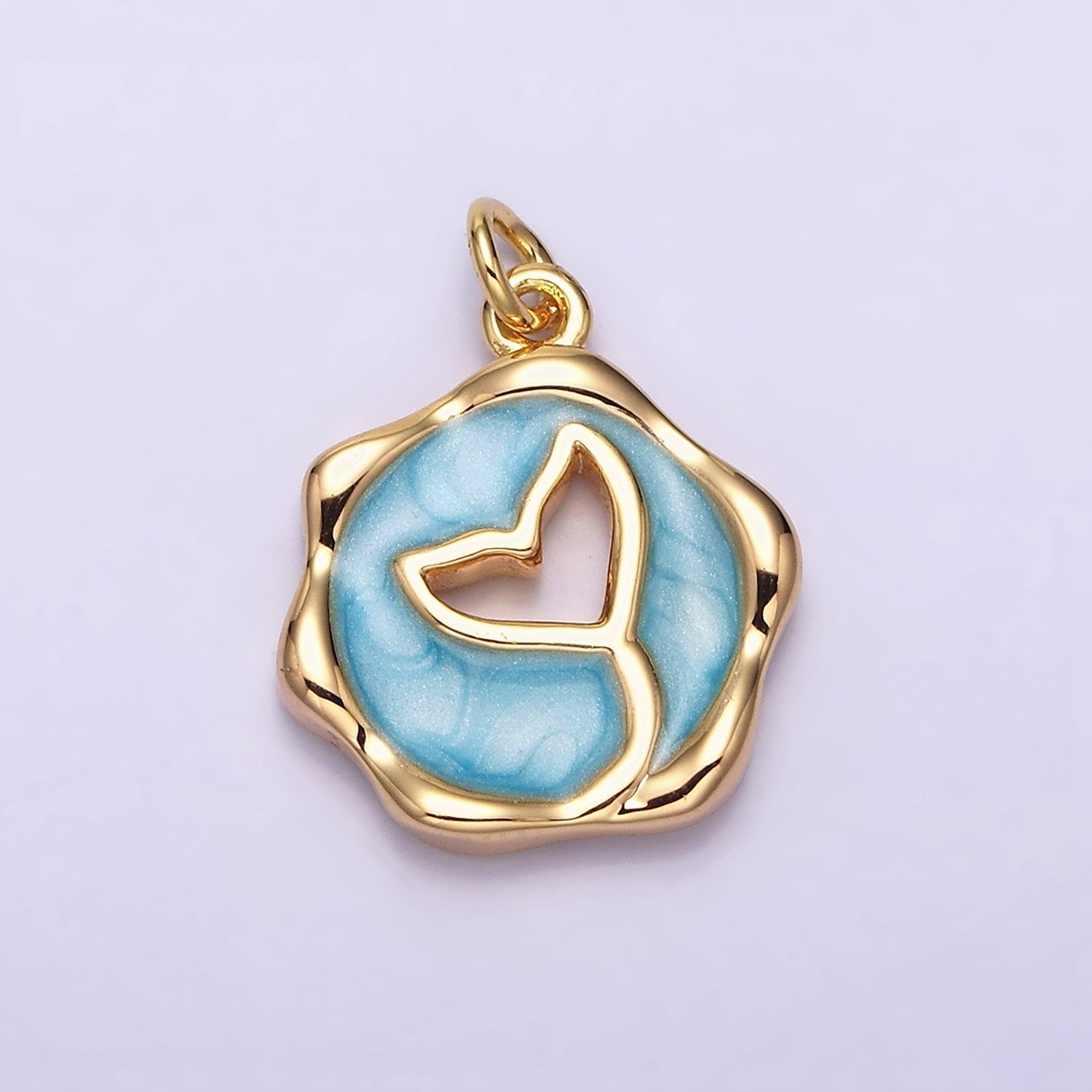 16K Gold plated White, Pink, Blue Ocean Whale Tail Glitter Enamel Stamped Round Charm in Gold & Silver | AC1093 - AC1098