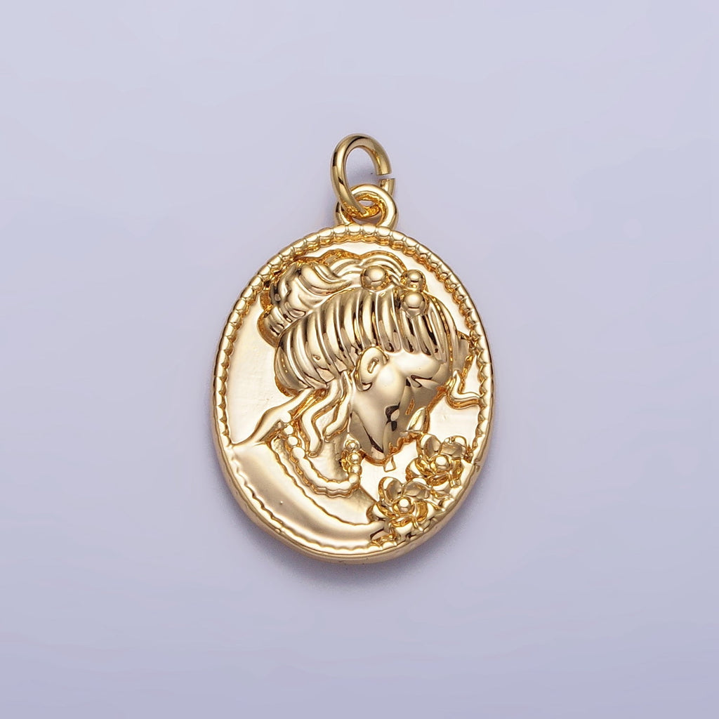 Double Sided Portrait of Victorian Lady Flower Pearl Cameo Oval Charm in Gold & Silver | AC299 AC300