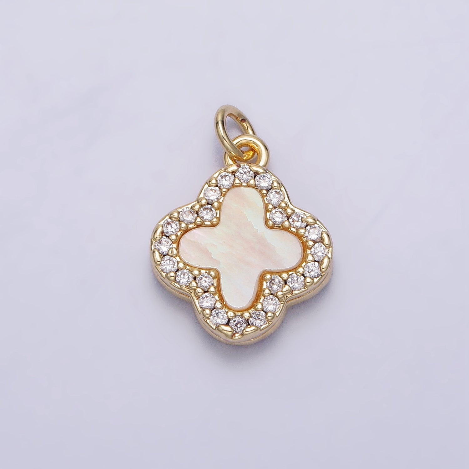 14K Gold plated 10.5mm Clover Quatrefoil Shell Pearl CZ Micro Paved Charm | AC730 - DLUXCA