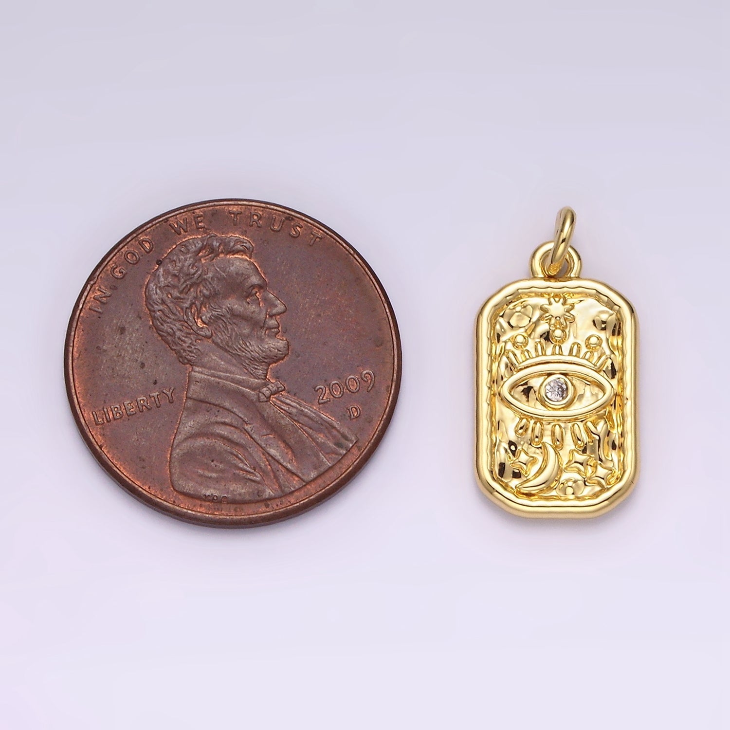 14K Gold plated CZ Evil Eye Celestial Sun Moon Stars Hammered Rectangular Charm | AC781 - DLUXCA