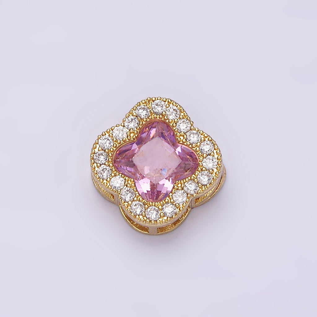 24K Gold plated 11.5mm Pink Micro Paved CZ Quatrefoil Clover Bead | AC862 - DLUXCA
