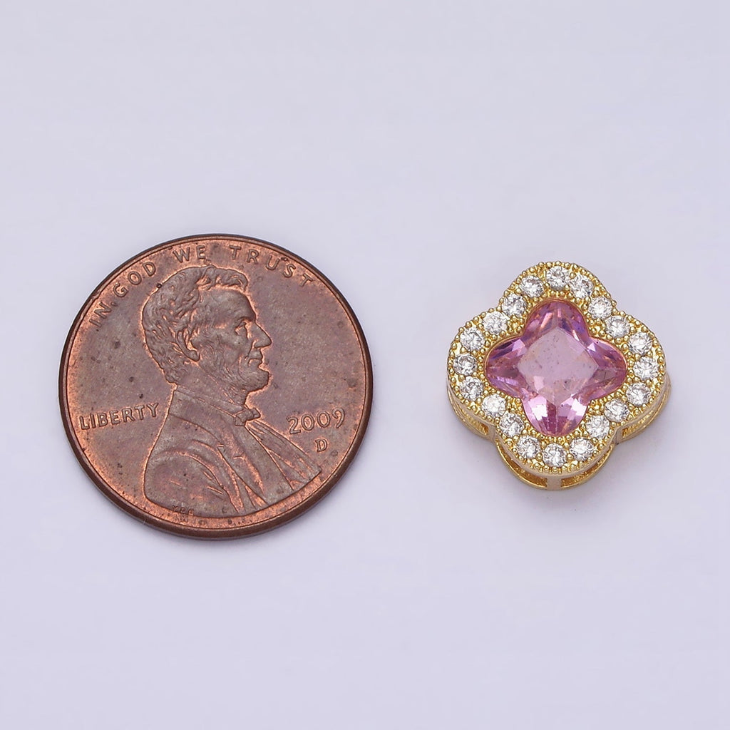 24K Gold plated 11.5mm Pink Micro Paved CZ Quatrefoil Clover Bead | AC862 - DLUXCA