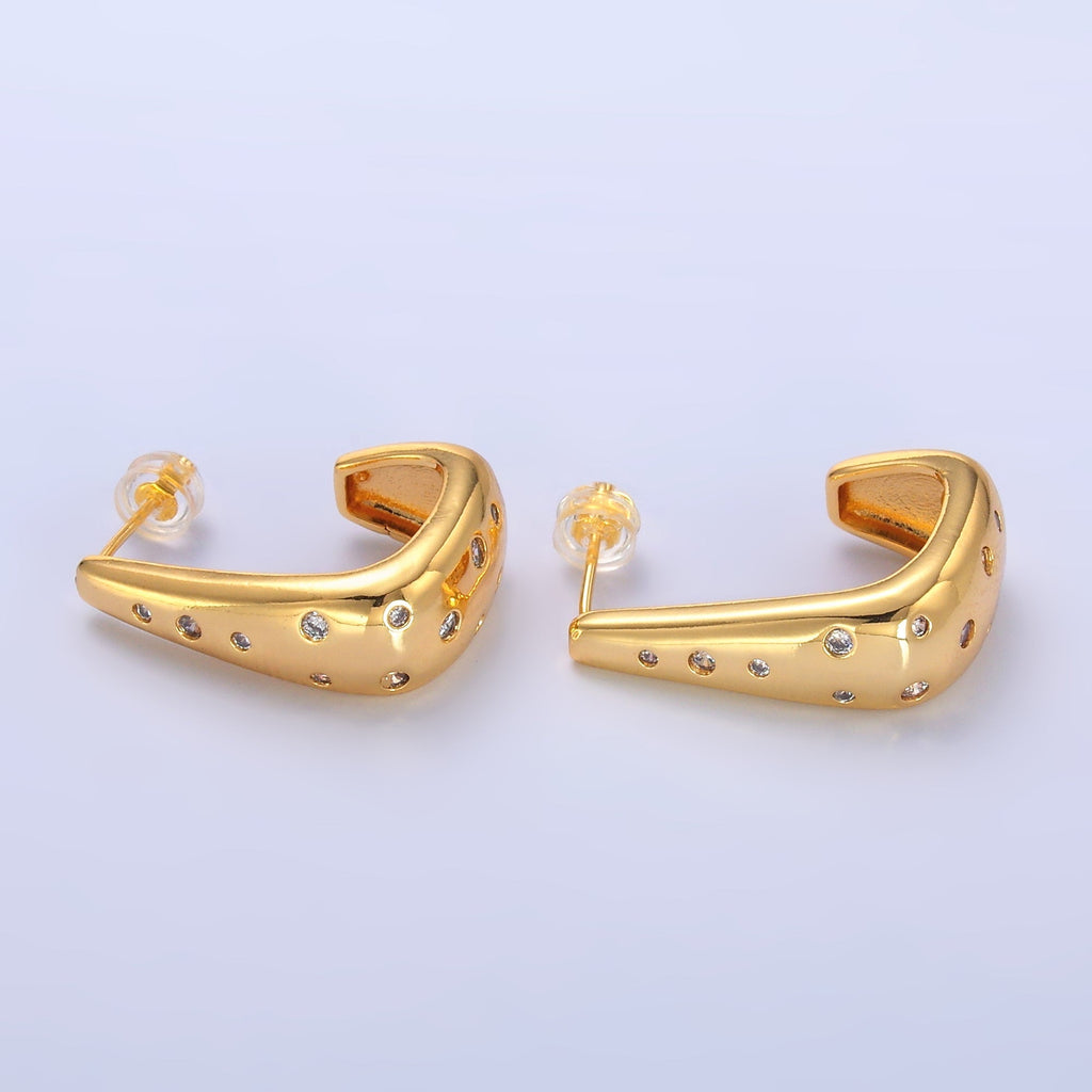 24K Gold plated 25mm Clear CZ Dotted J-Shaped Hoop Earrings | AD200