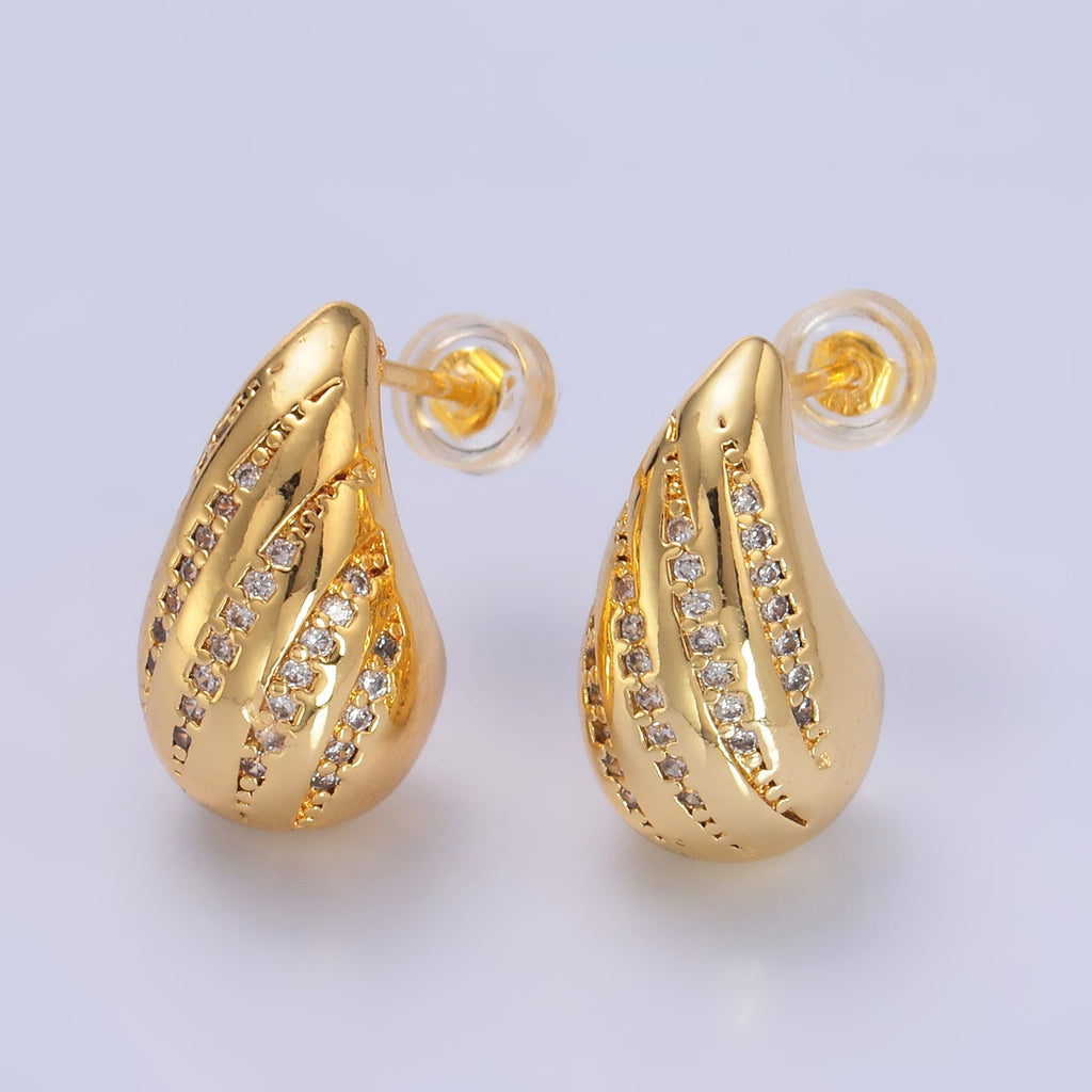 24K Gold plated Linear Micro Paved CZ Teardrop Dome Hoop Stud Earrings | AD212