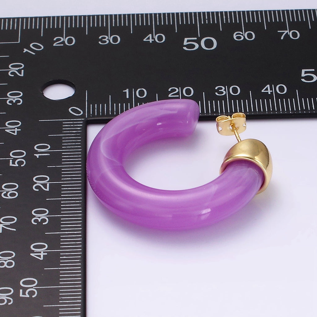 14K Gold plated 35mm Yellow, Green, Pink, Purple, Clear Resin C-Shaped Hoop Earrings | AE189 - AE192 P082
