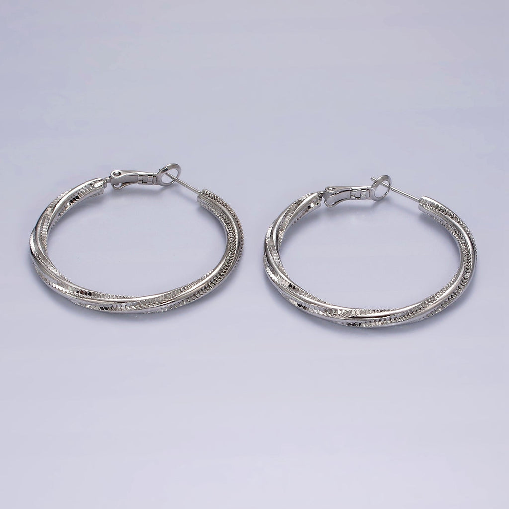 14K Gold plated 40mm Textured Spiral Hinge Hoop Earrings in Gold & Silver | AE299 AE300