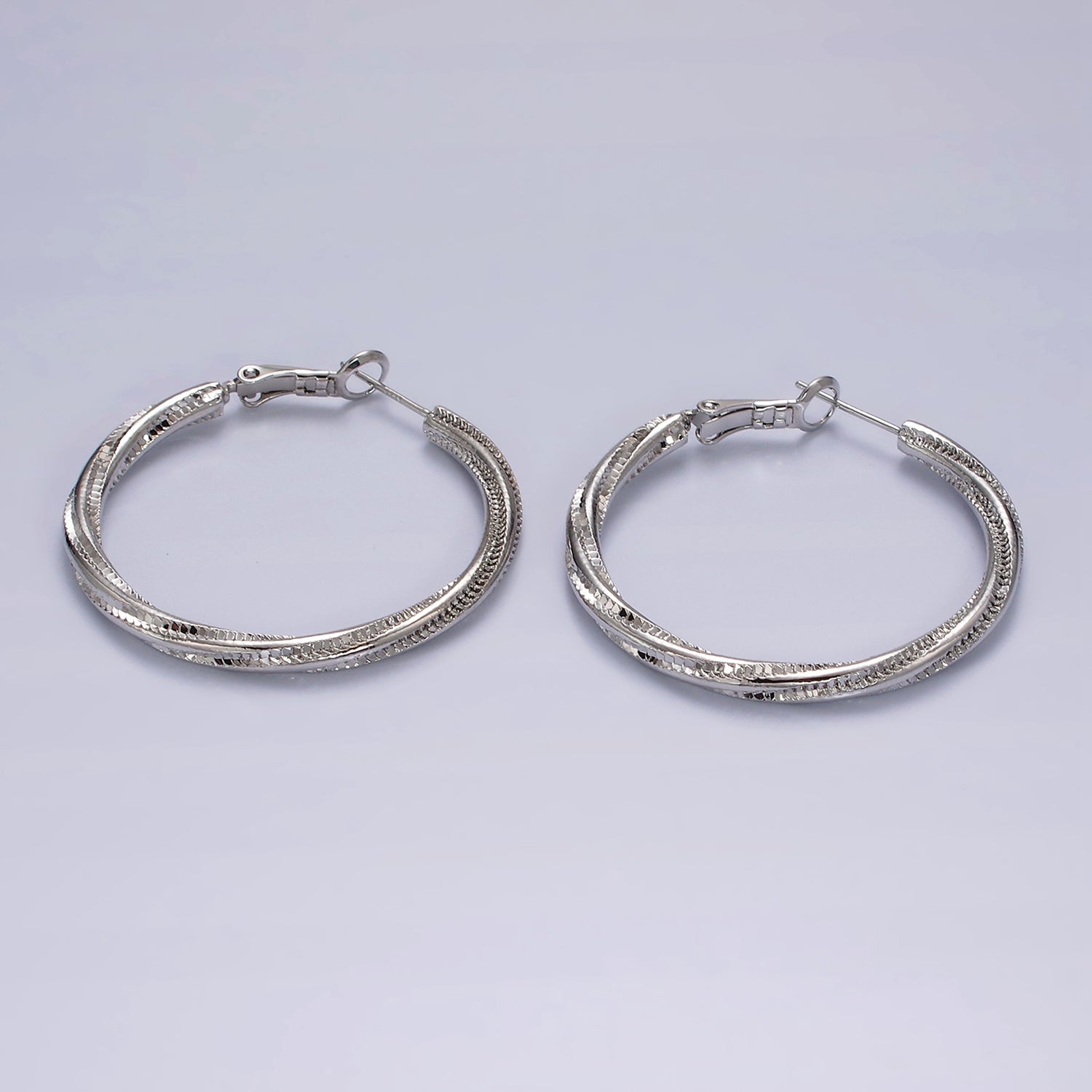 14K Gold plated 40mm Textured Spiral Hinge Hoop Earrings in Gold & Silver | AE299 AE300