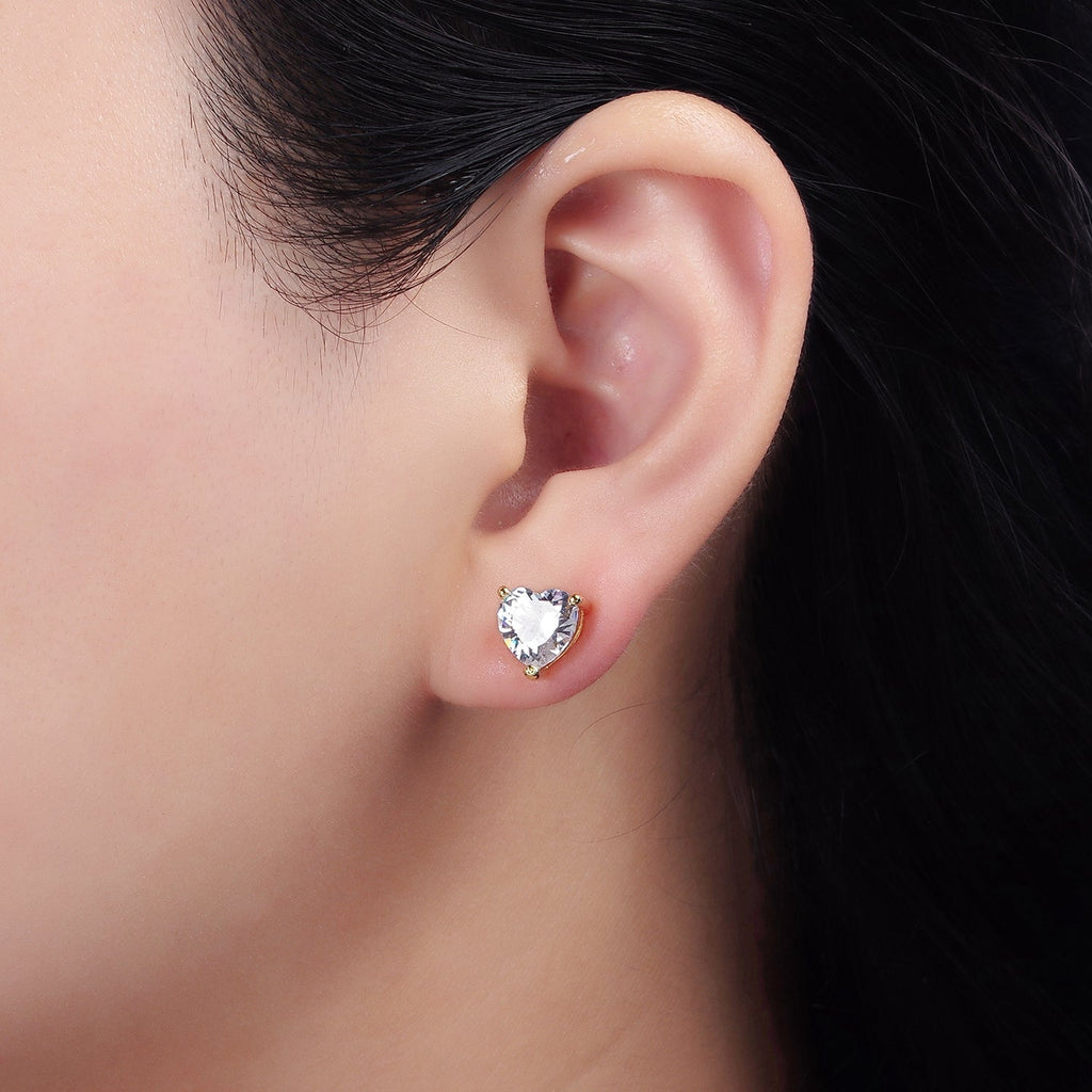 14K Gold plated 6.5mm, 9mm Clear CZ Heart Bezel Stud Earrings | AE599 AE762