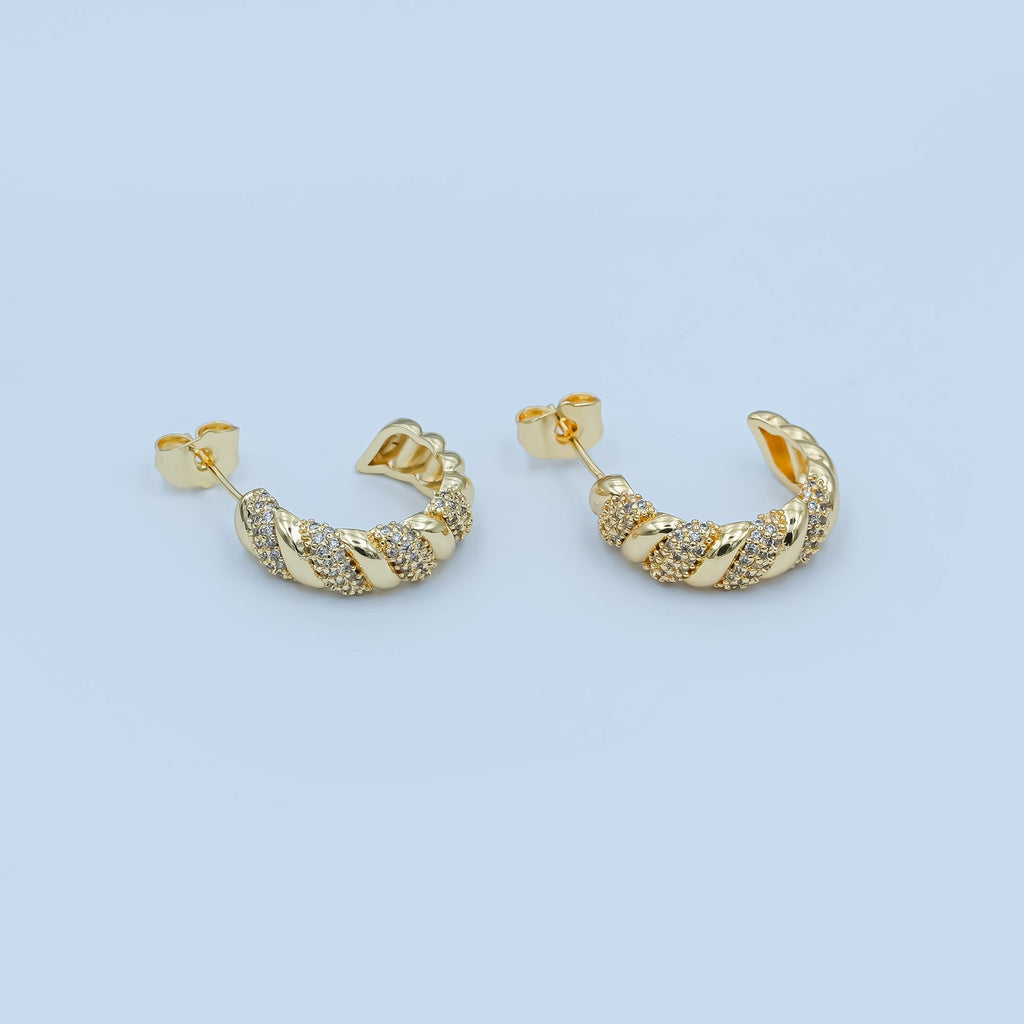 24K Gold plated Micro Paved CZ Croissant C-Shaped Hoop Earrings | AE862