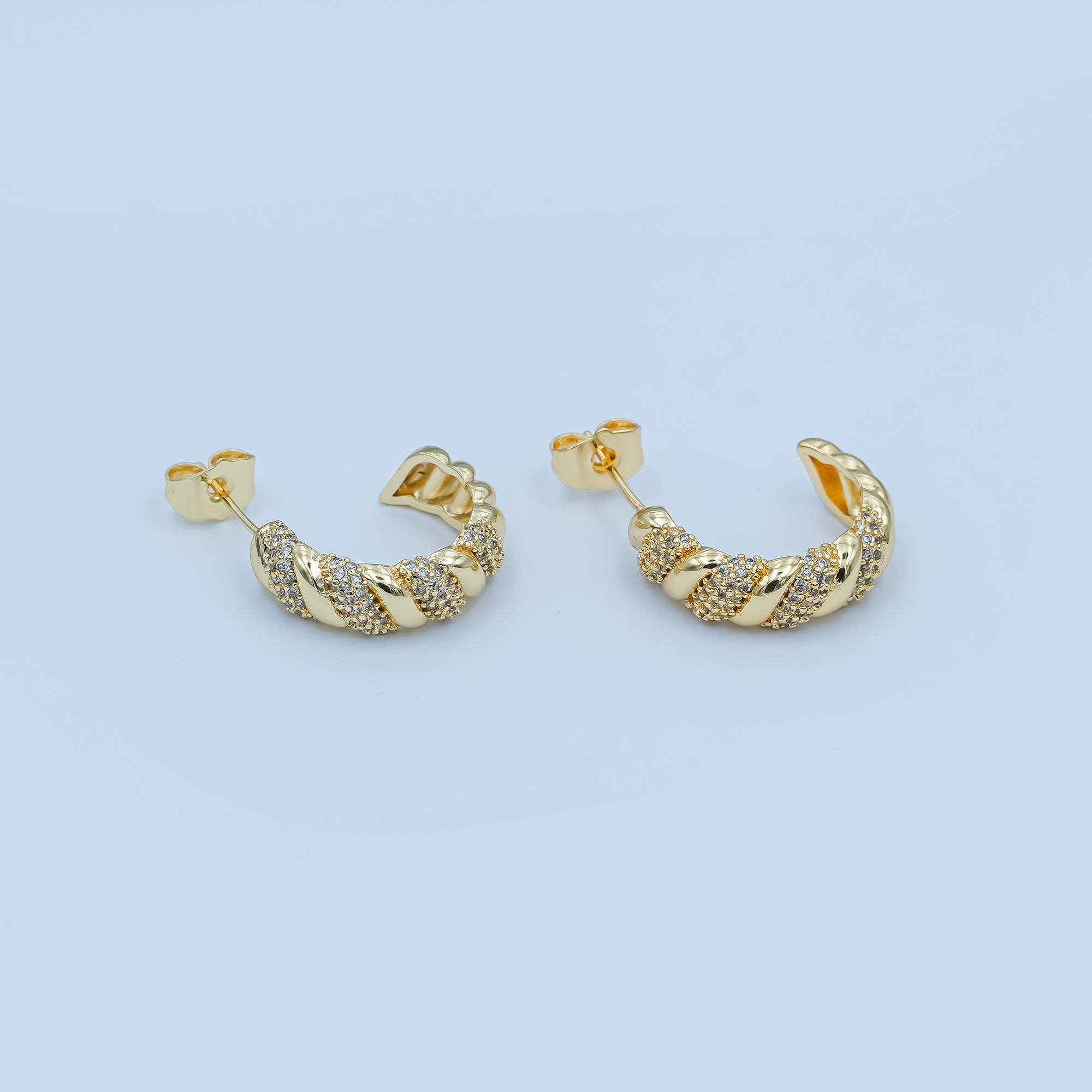 24K Gold plated Micro Paved CZ Croissant C-Shaped Hoop Earrings | AE862