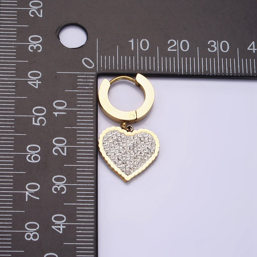 Stainless Steel Clear Micro Paved CZ Heart Drop Huggie Earrings | AE873 - DLUXCA