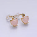 14K Gold plated Rose Quartz Heart Clear CZ Drop Stud Earrings | AE985