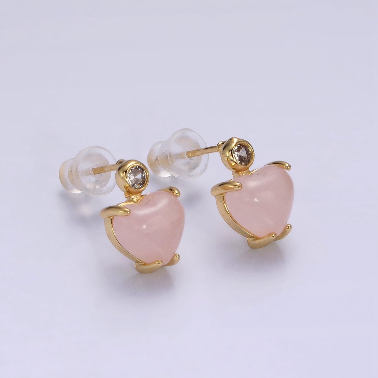 14K Gold plated Rose Quartz Heart Clear CZ Drop Stud Earrings | AE985