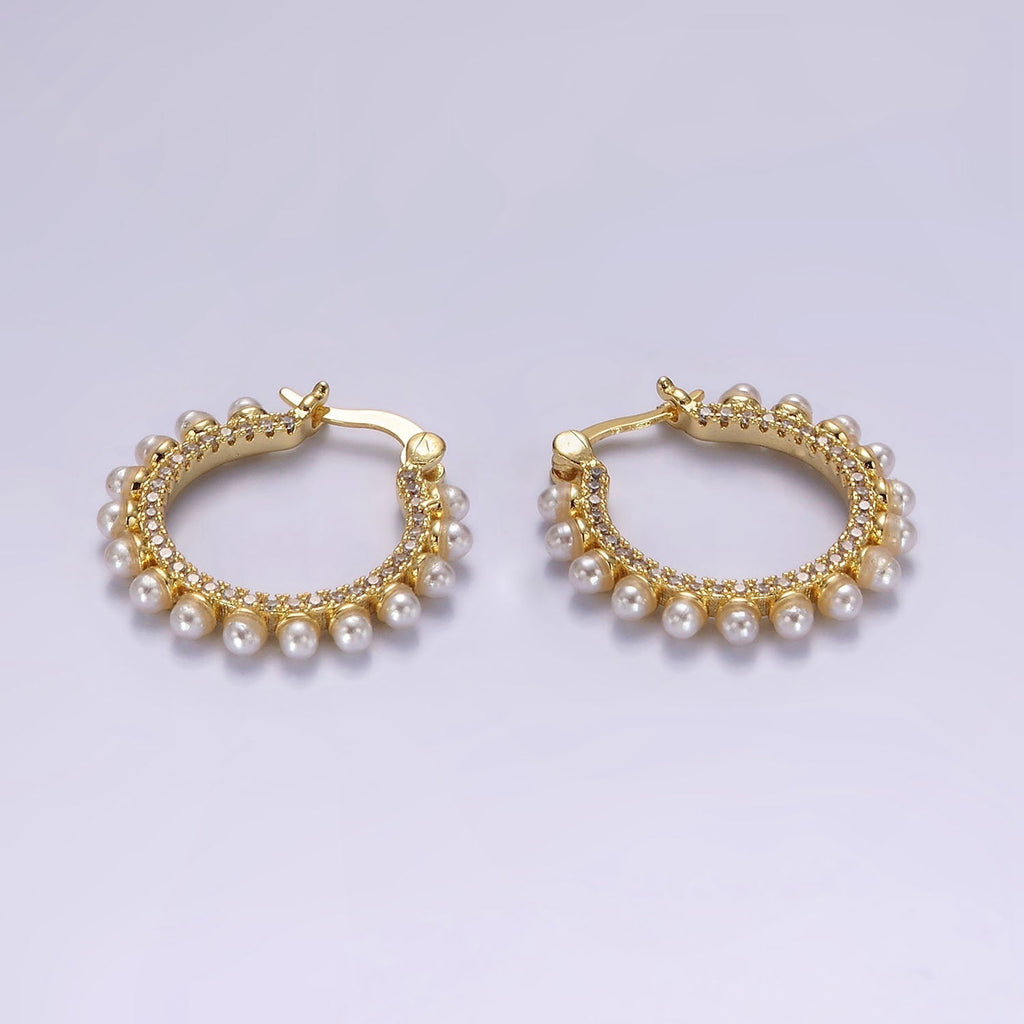 14K Gold plated 23.5mm Micro Paved CZ Shell Pearl Dotted Latch Hoop Earrings in Gold & Silver | AE993 AE994
