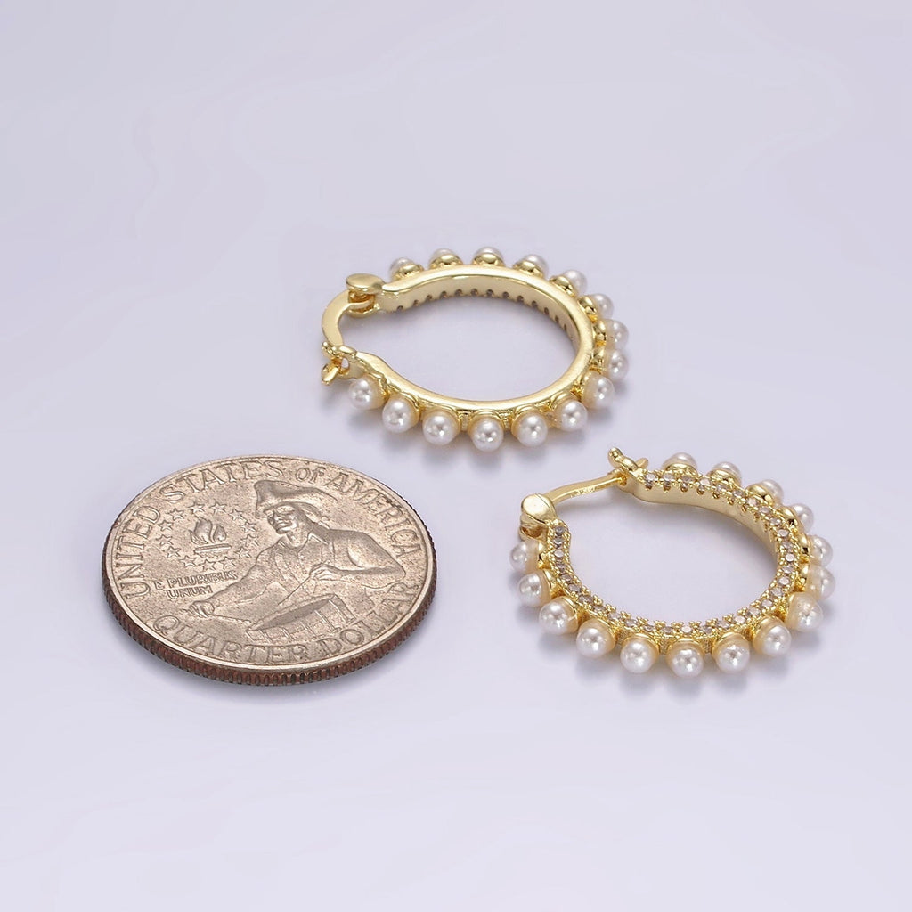 14K Gold plated 23.5mm Micro Paved CZ Shell Pearl Dotted Latch Hoop Earrings in Gold & Silver | AE993 AE994