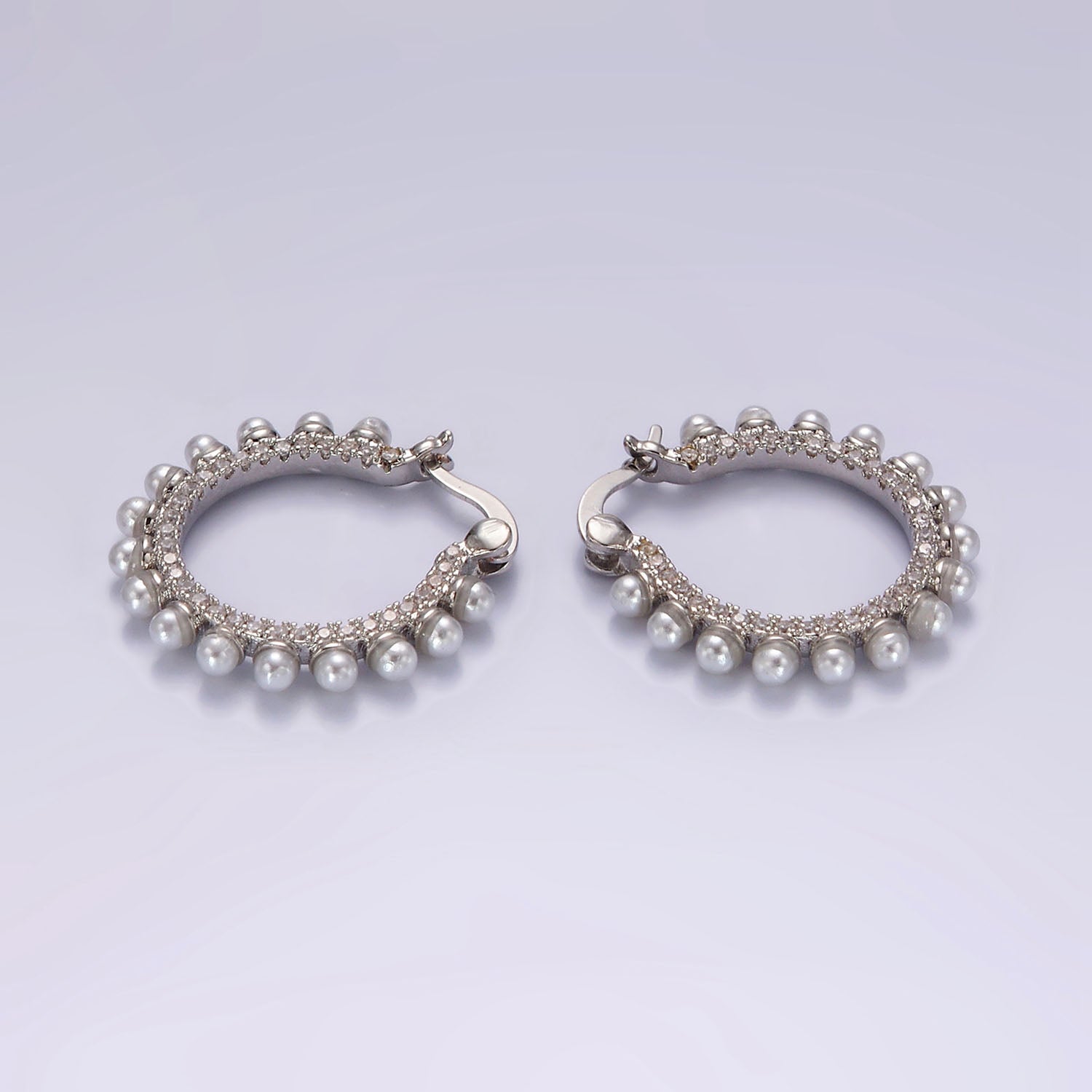 14K Gold plated 23.5mm Micro Paved CZ Shell Pearl Dotted Latch Hoop Earrings in Gold & Silver | AE993 AE994