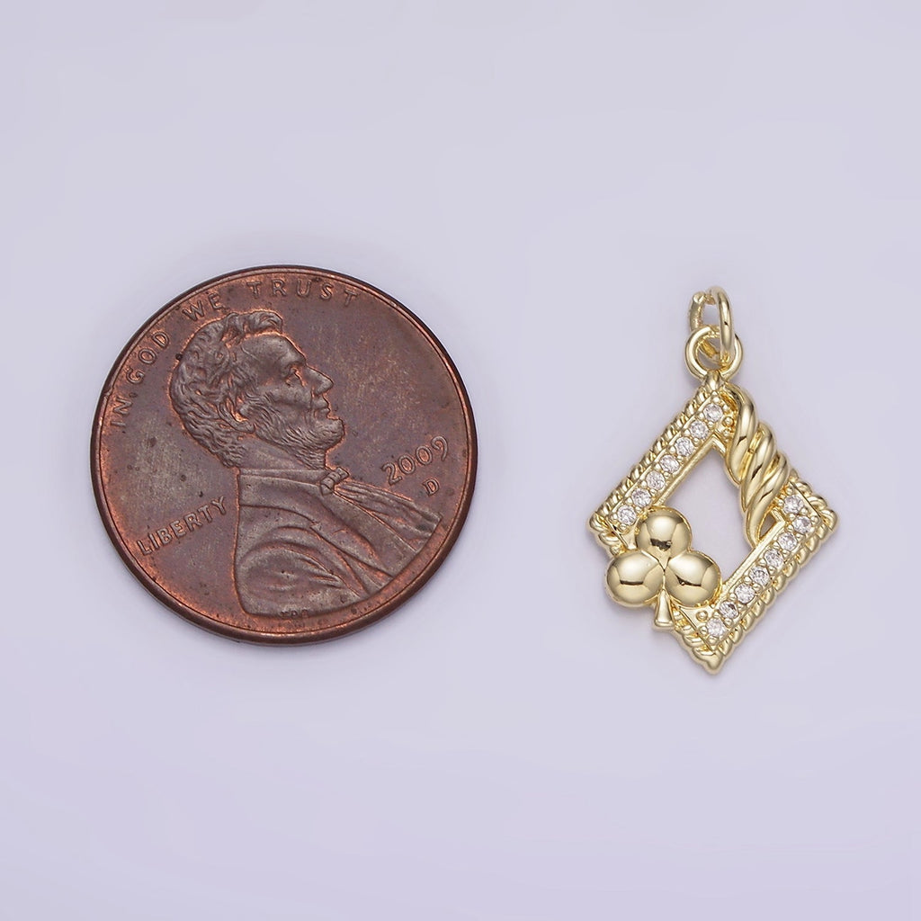 14K Gold plated Open Rhombus Micro Paved Twisted Clubs Card Charm | AG258 - DLUXCA