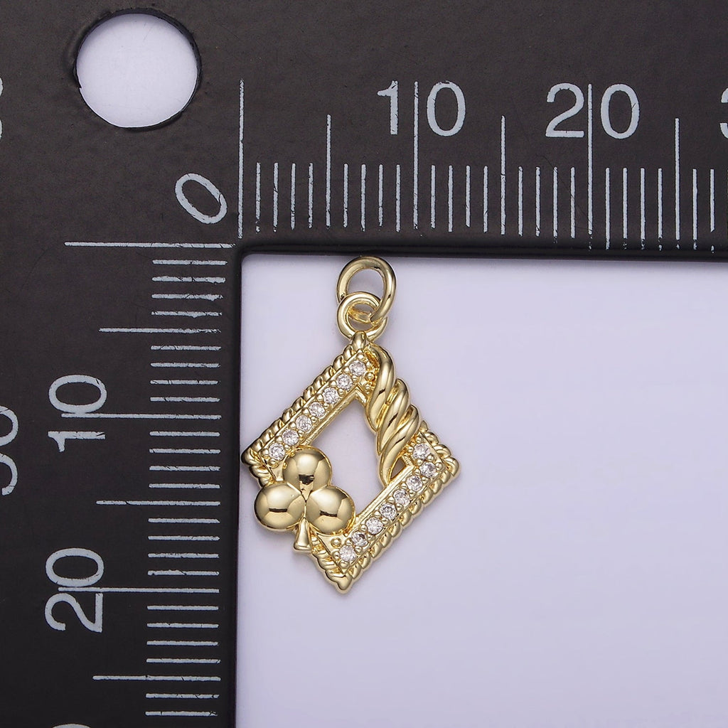 14K Gold plated Open Rhombus Micro Paved Twisted Clubs Card Charm | AG258 - DLUXCA