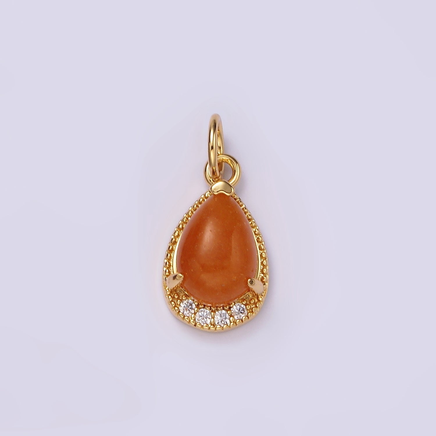 14K Gold plated Carnelian, Citrine, Aventurine, Tiger Eye, Amethyst Micro Paved CZ Teardrop Charm | AG481 - AG485