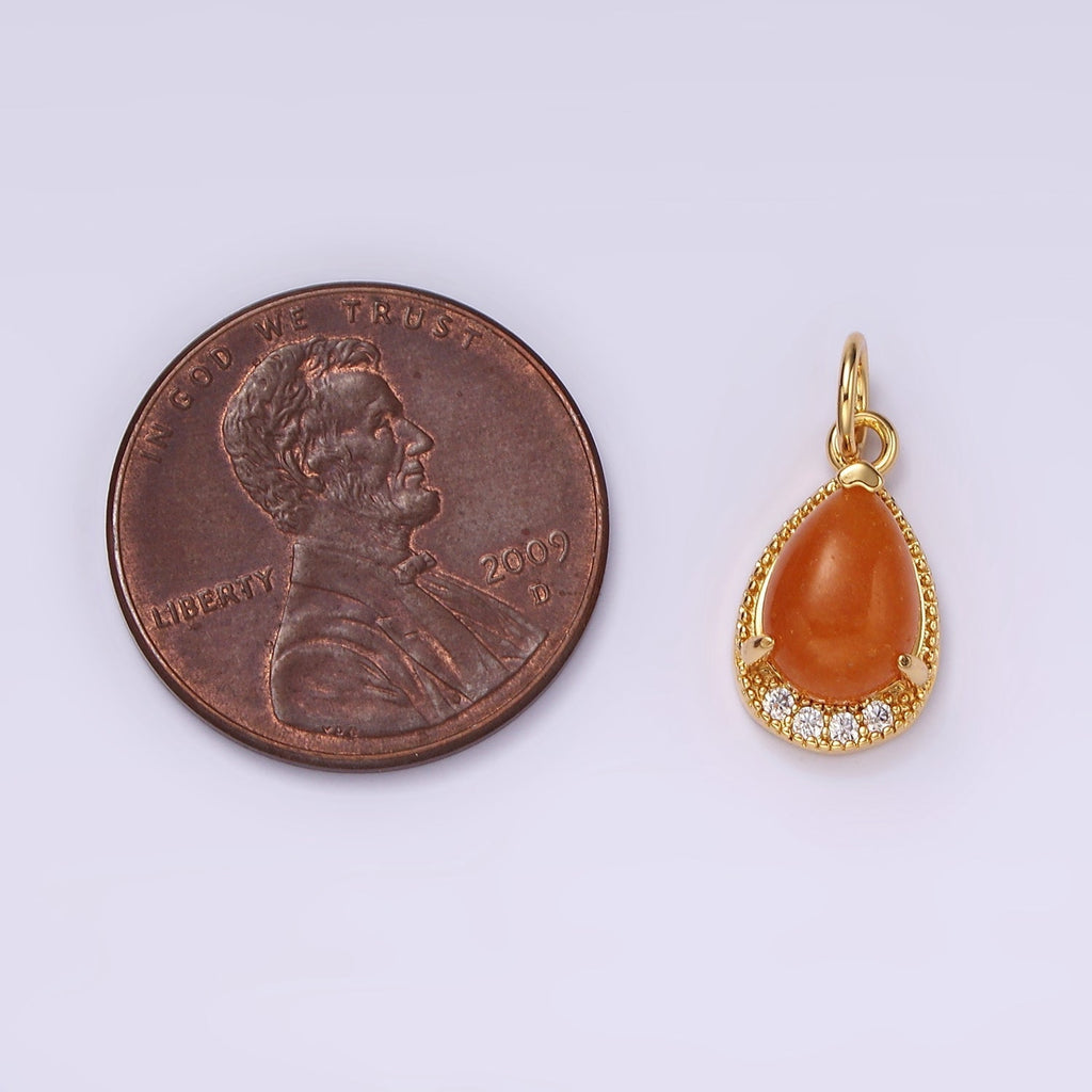 14K Gold plated Carnelian, Citrine, Aventurine, Tiger Eye, Amethyst Micro Paved CZ Teardrop Charm | AG481 - AG485