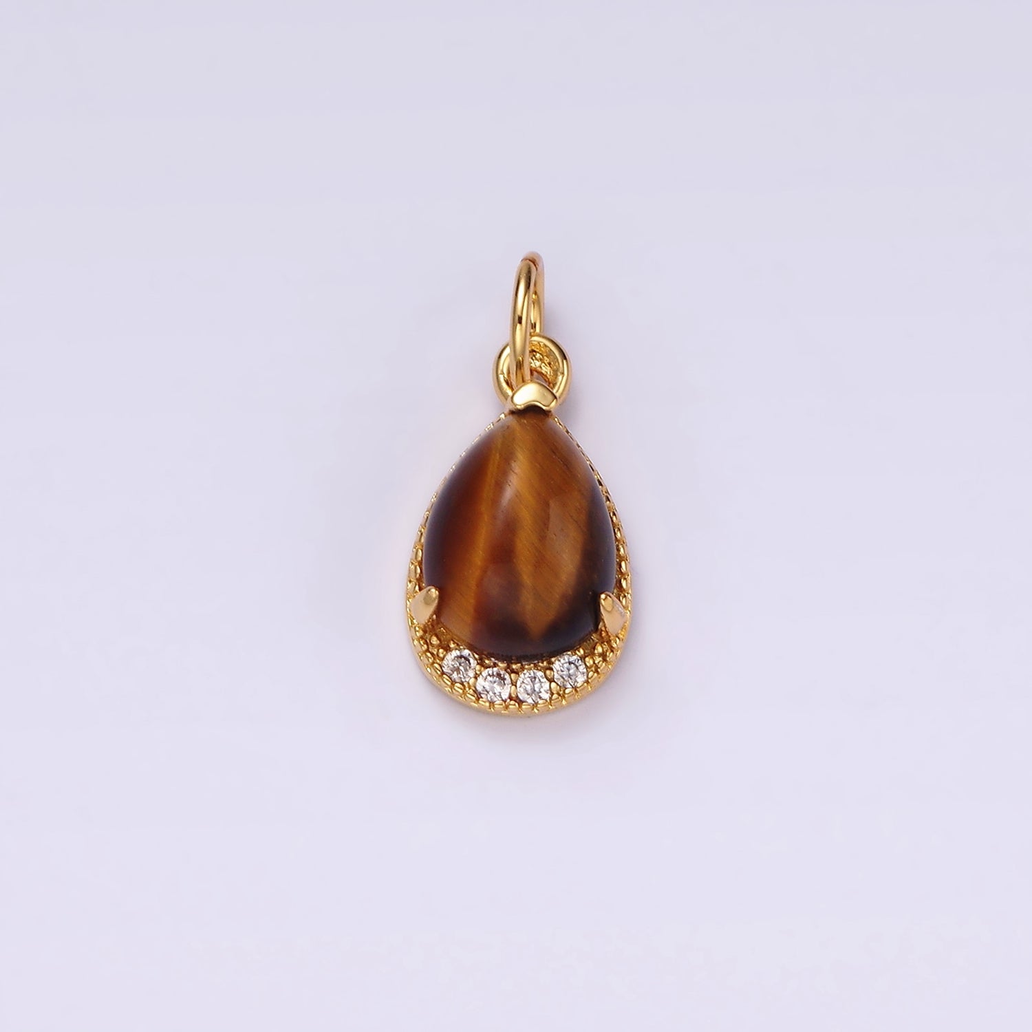 14K Gold plated Carnelian, Citrine, Aventurine, Tiger Eye, Amethyst Micro Paved CZ Teardrop Charm | AG481 - AG485