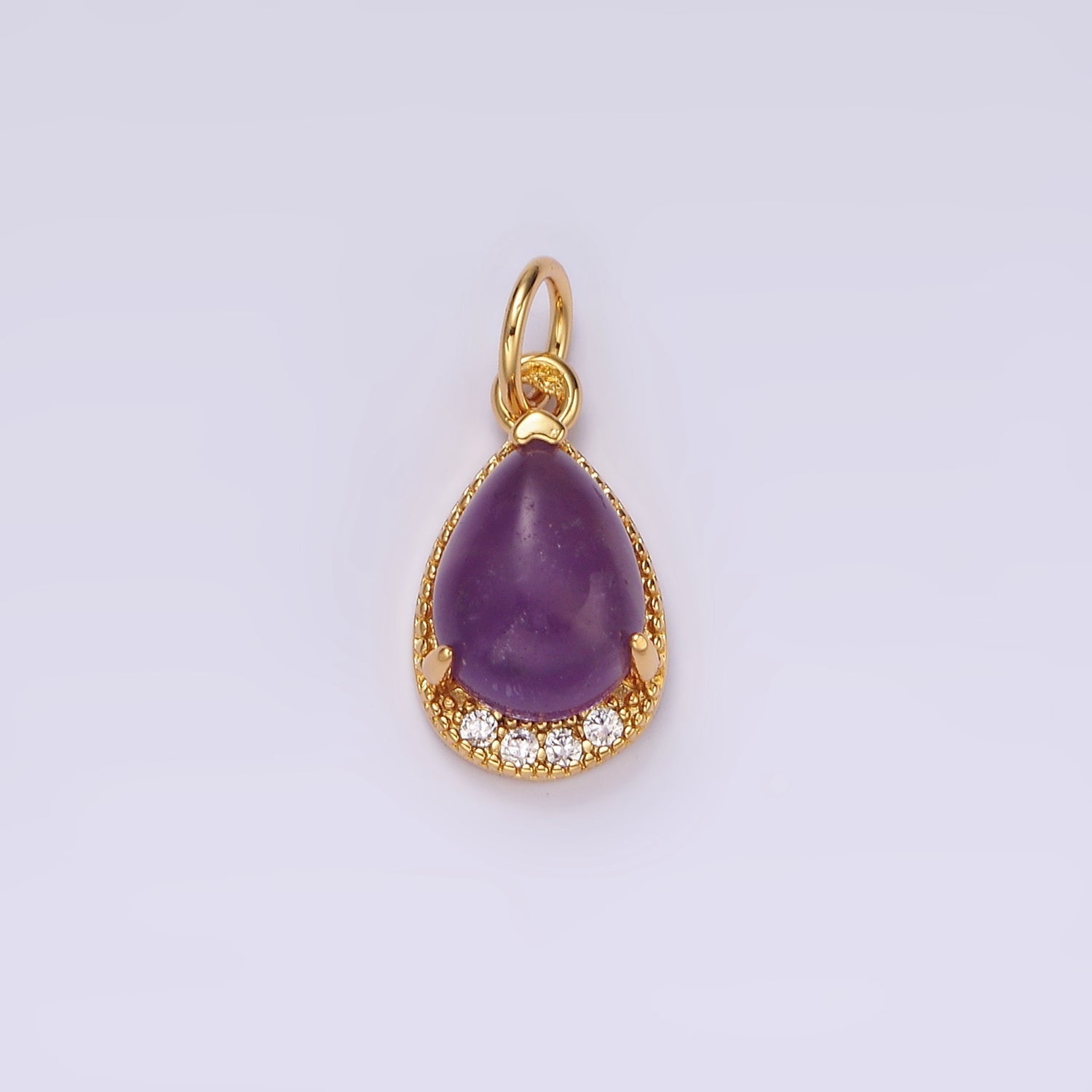 14K Gold plated Carnelian, Citrine, Aventurine, Tiger Eye, Amethyst Micro Paved CZ Teardrop Charm | AG481 - AG485