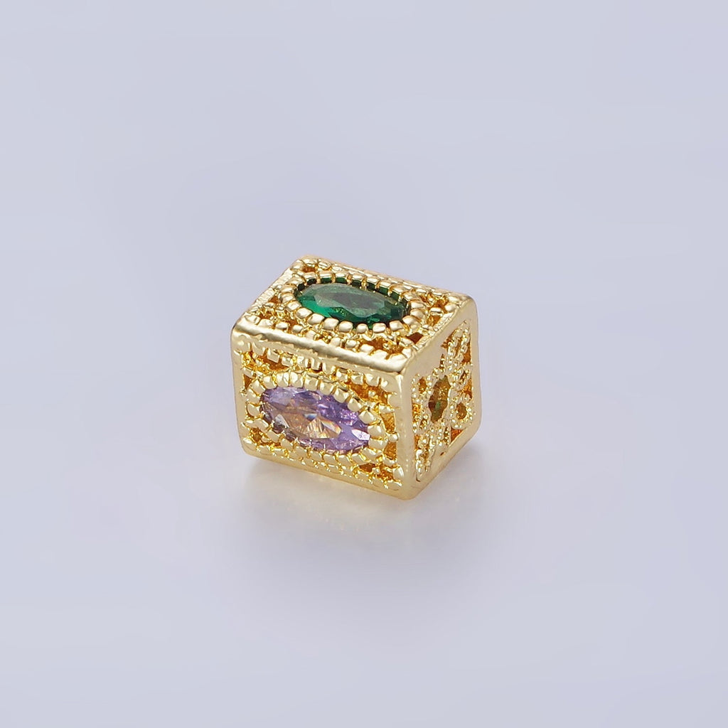 14K Gold plated 8mm Multicolor Oval CZ Flower Filigree Rectangular Bead | B883