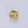 14K Gold plated 8mm Multicolor Oval CZ Flower Filigree Rectangular Bead | B883