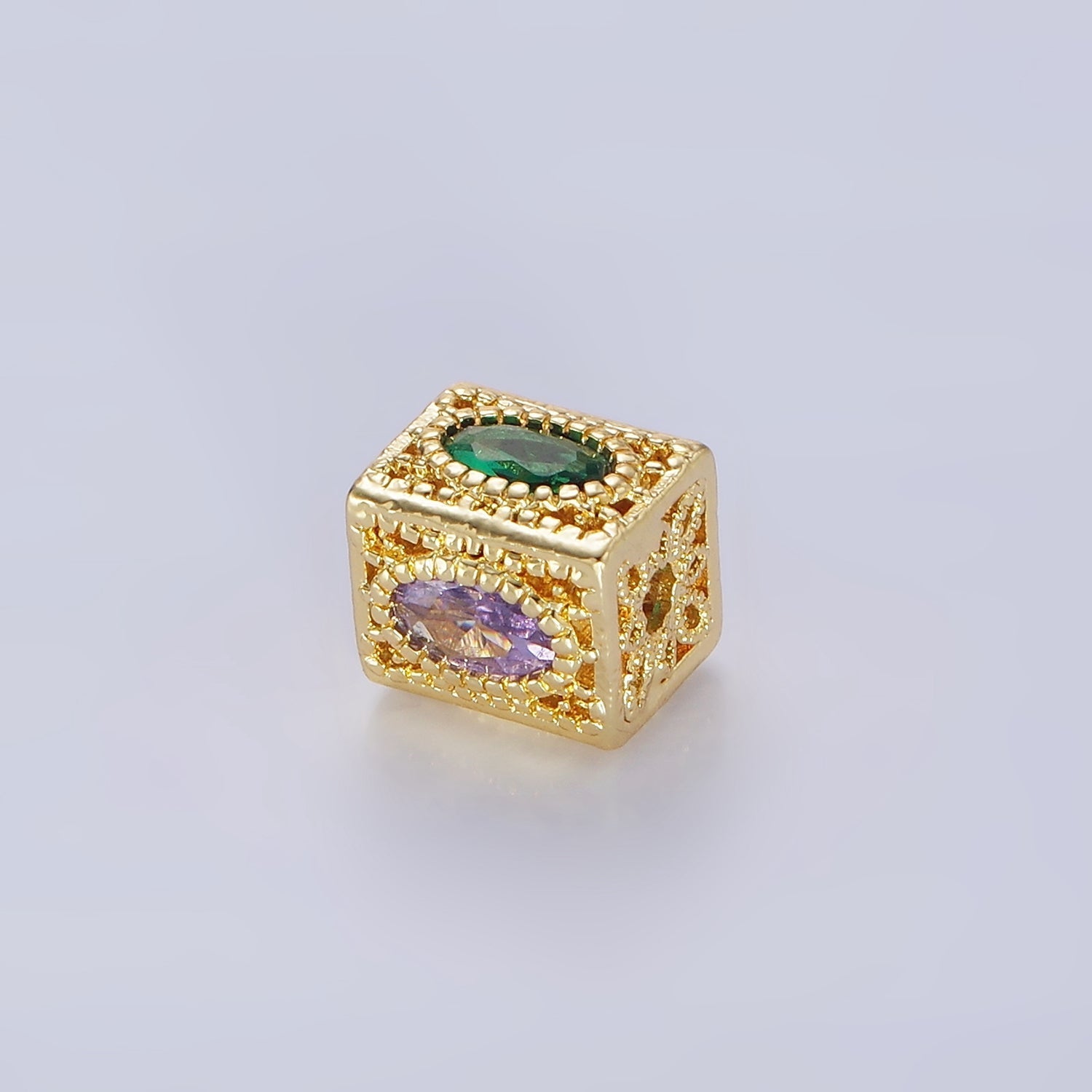 14K Gold plated 8mm Multicolor Oval CZ Flower Filigree Rectangular Bead | B883