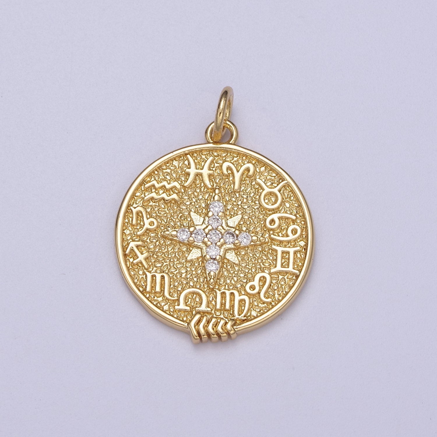 24K Gold plated 24.5mm Clear CZ North Star Sign Zodiac Horoscope Round Charm | C340