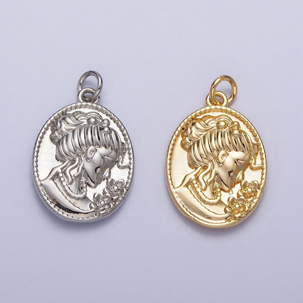 Double Sided Portrait of Victorian Lady Flower Pearl Cameo Oval Charm in Gold & Silver | AC299 AC300