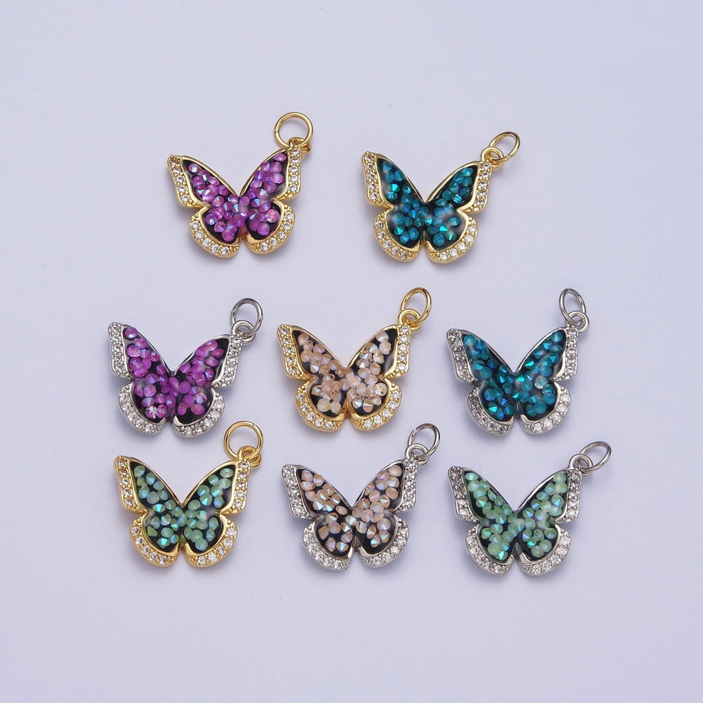 14K Gold plated Green, Pink, Purple, Blue AB Micro Paved CZ Monarch Butterfly Charm in Gold & Silver | W77 - W780