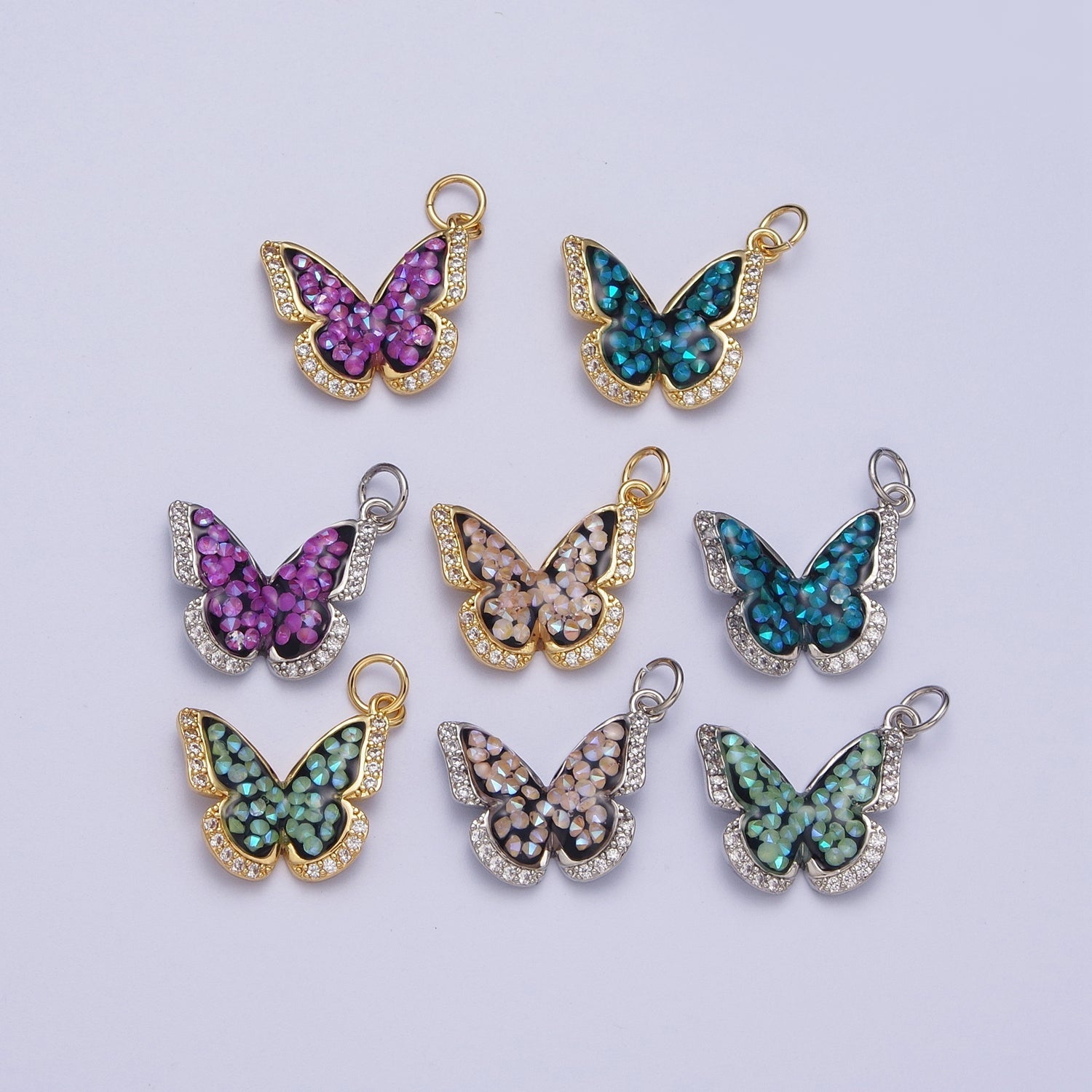 14K Gold plated Green, Pink, Purple, Blue AB Micro Paved CZ Monarch Butterfly Charm in Gold & Silver | W77 - W780