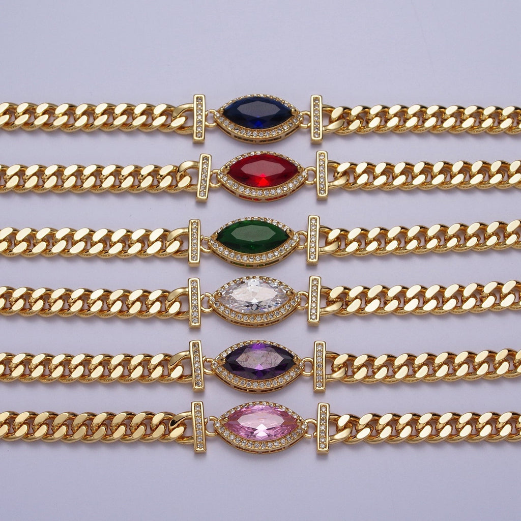 16K Gold plated 6mm Marquise Micro Paved CZ Solitaire Curb Chain 18 Inch Necklace | WA-01212