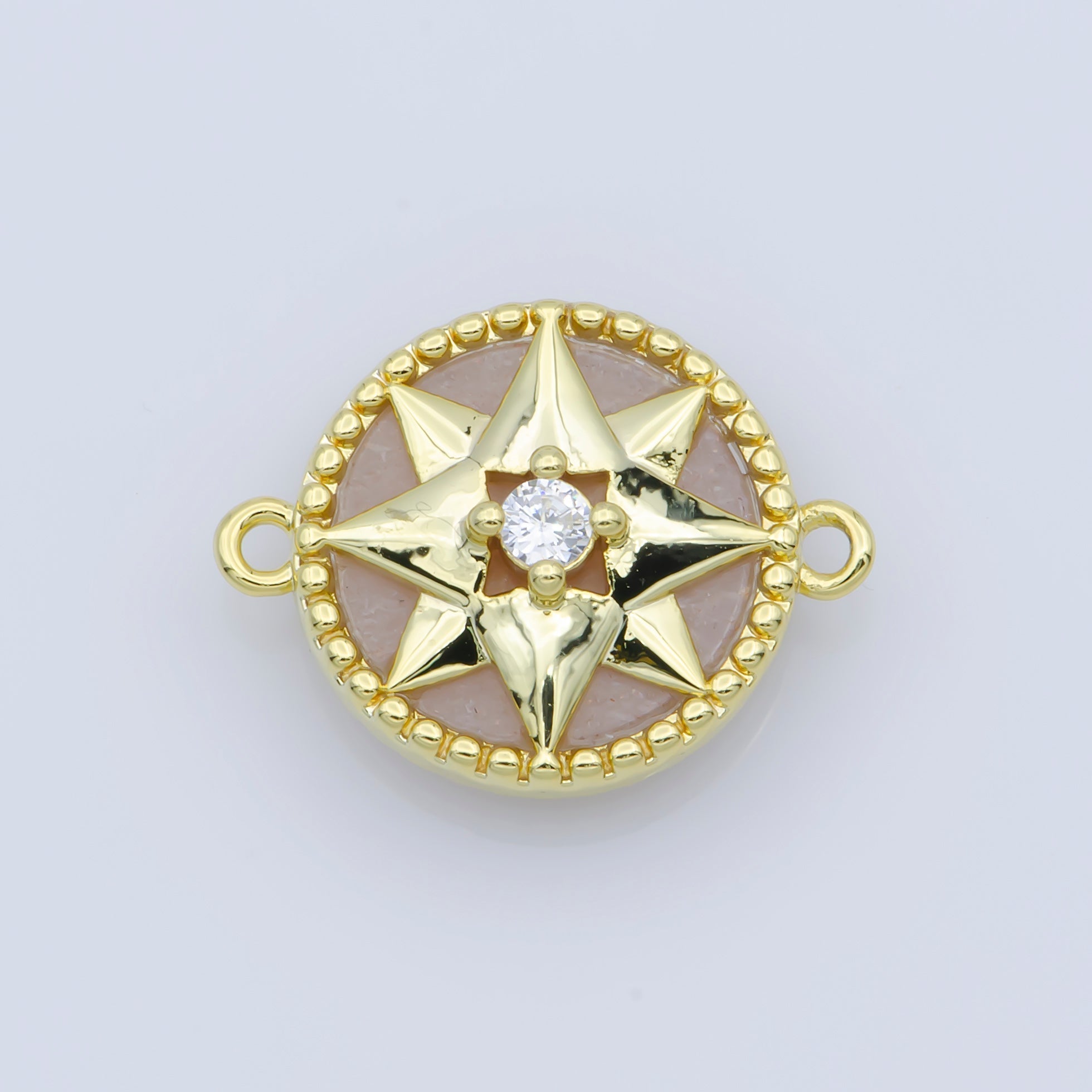 14k Gold plated Pink Pearl Charm Connector, Compass Charm Connector, Cubic Zircon Jewels, Pink Charm Connector for Bracelet Necklace, COGF-443-8/F-388-393 - DLUXCA
