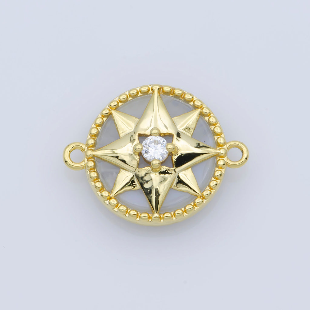 14k Gold plated Pink Pearl Charm Connector, Compass Charm Connector, Cubic Zircon Jewels, Pink Charm Connector for Bracelet Necklace, COGF-443-8/F-388-393 - DLUXCA