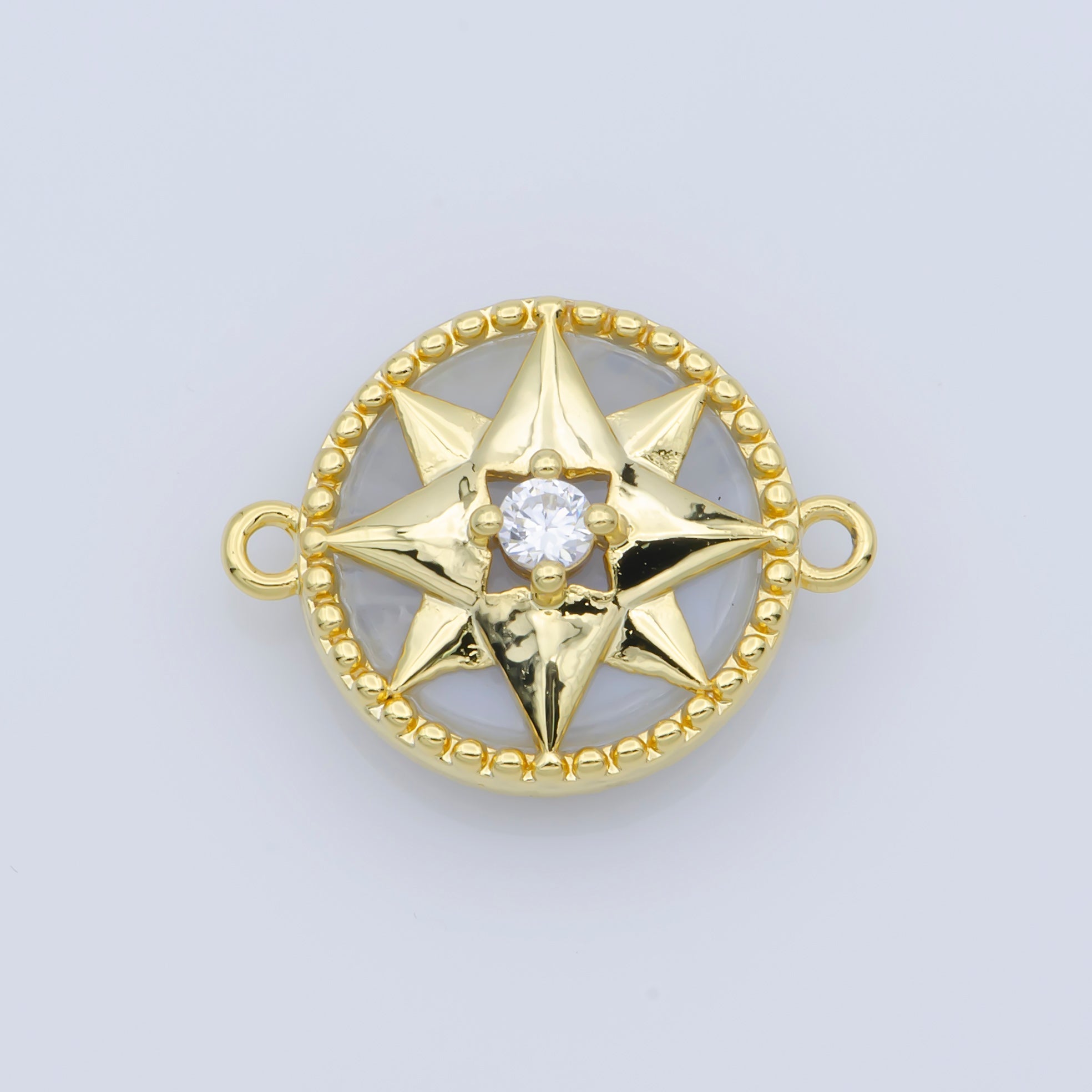 14k Gold plated Pink Pearl Charm Connector, Compass Charm Connector, Cubic Zircon Jewels, Pink Charm Connector for Bracelet Necklace, COGF-443-8/F-388-393 - DLUXCA