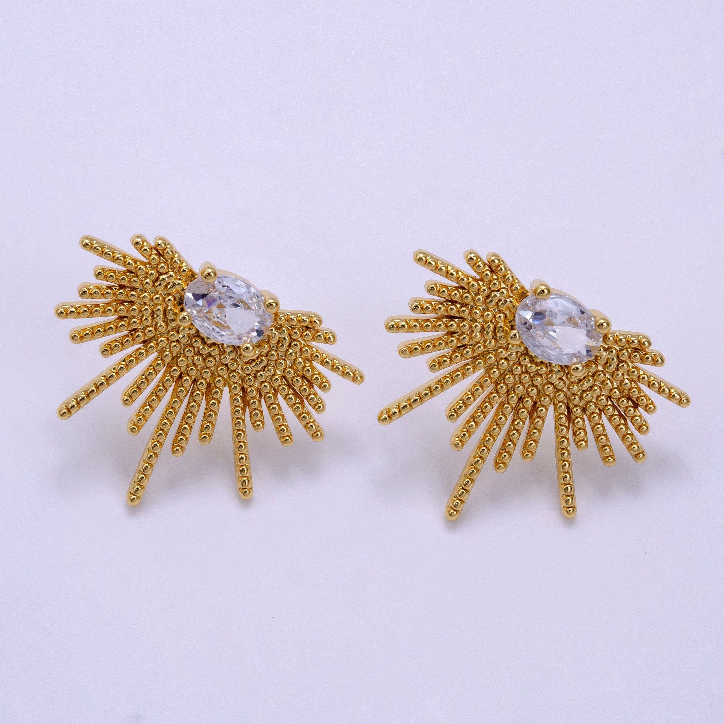 16K Gold plated 24mm Clear Oval CZ Geometric Sunburst Drop Stud Earrings | Clearance