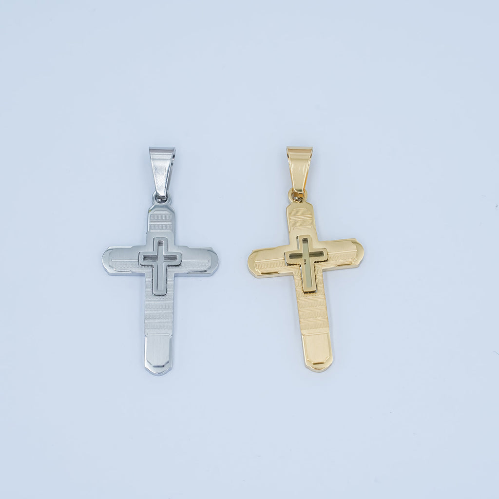 Stainless Steel Geometric Lined Cross Pendant in Gold & Silver | P1048