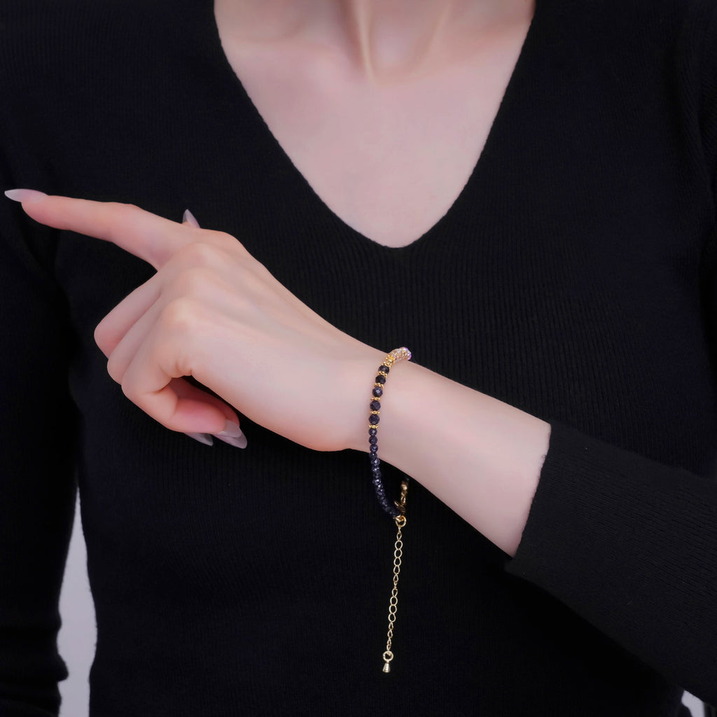 24K Gold plated 4mm AB Blue Black Goldstone Multifaceted Gemstone 7.5 Inch Bracelet | WA-2890