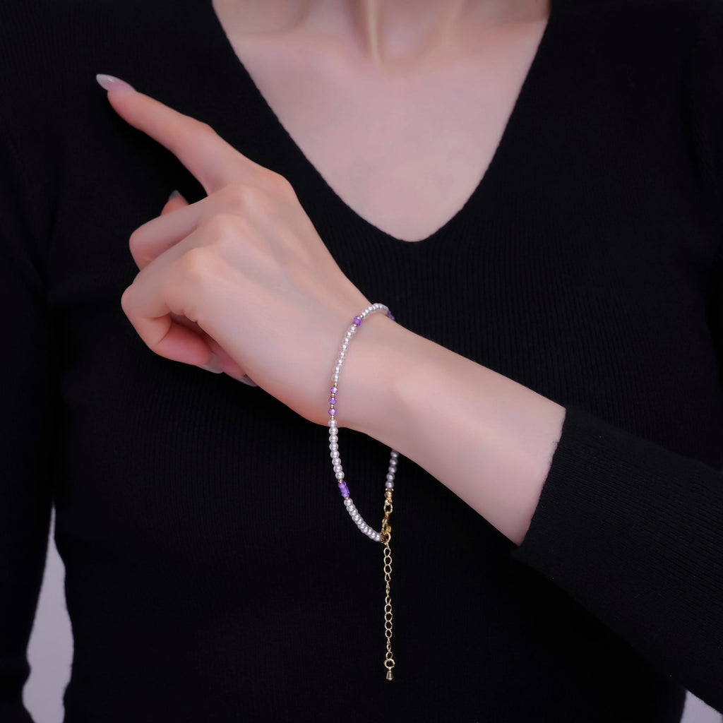 24K Gold plated 2mm Purple White Round Gemstone 9 Inch Anklet | WA-2948